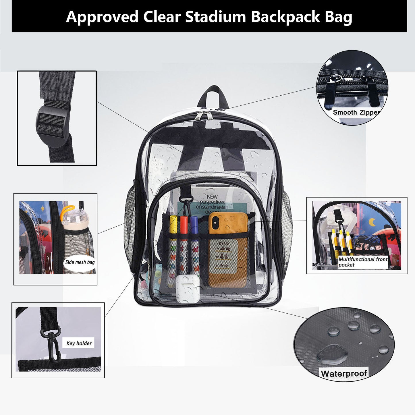 Approved stadium clear school bag heavy duty clear backpack for sports concerts, 0.4MM PVC