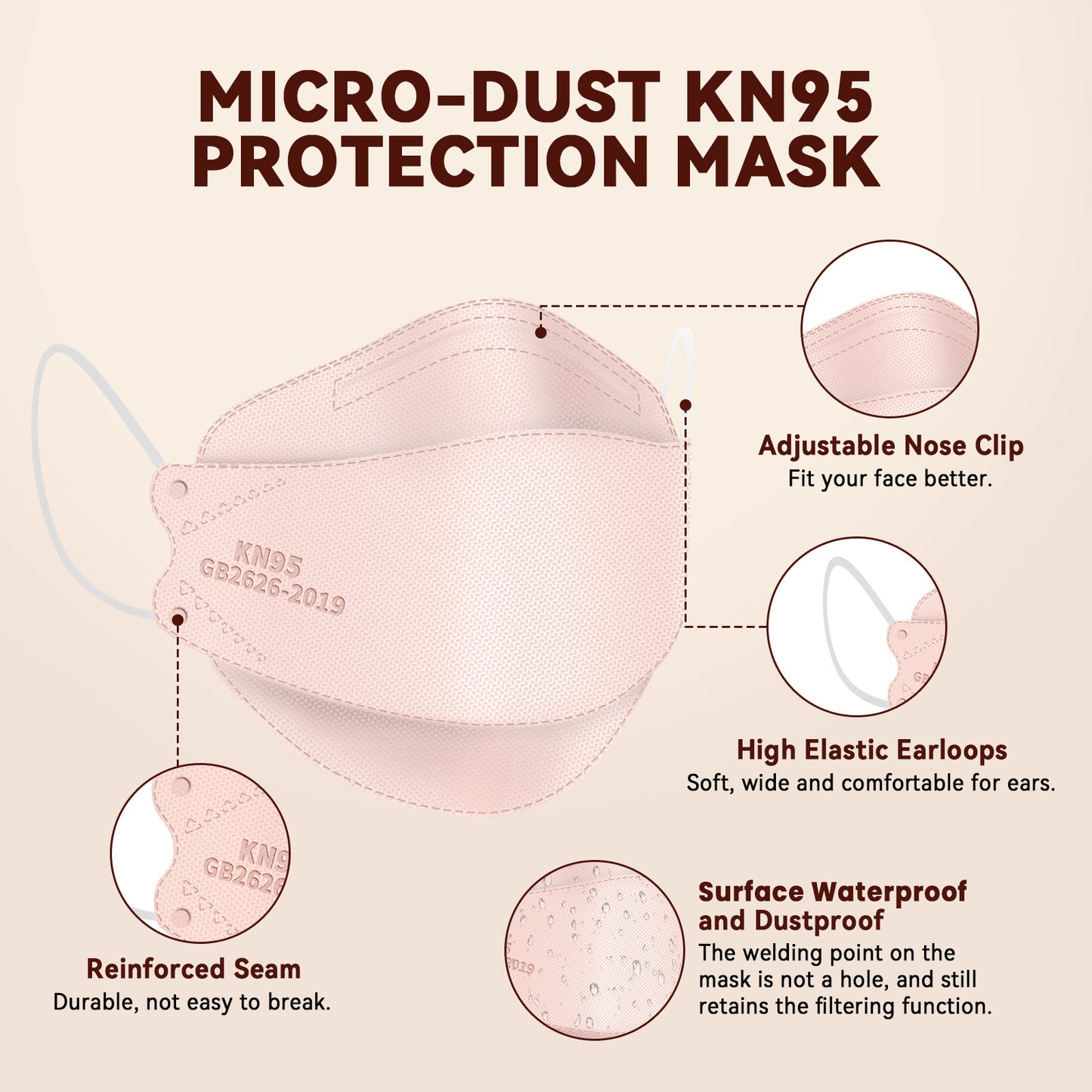 Edith qi KN95 Face Mask 50 PCS, 5 Ply Pink Disposable Face Masks for Adults Filter Efficiency 95%, Protection against PM 2.5 Smoke Particles