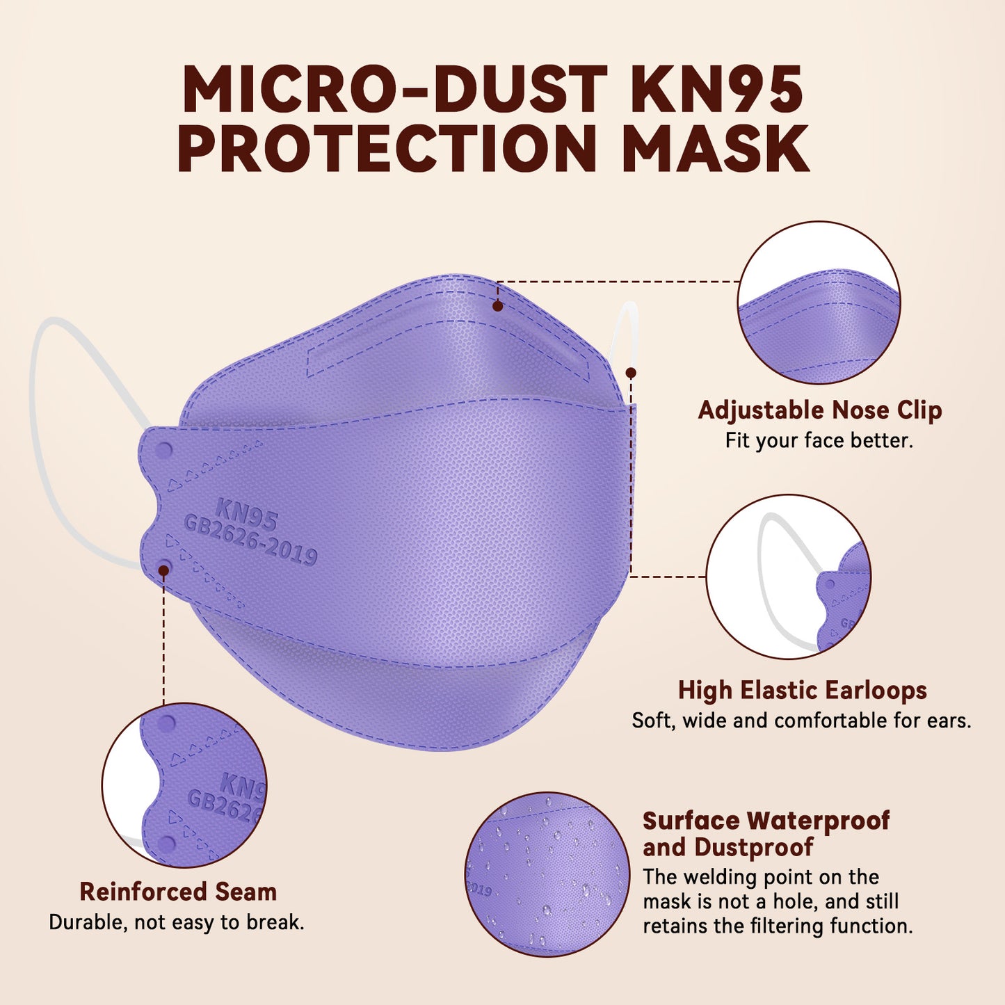 Edith qi KN95 Face Masks 50 PCS, 5 Ply Purple Disposable Face Masks for Adults Filter Efficiency 95%, Protection against PM 2.5 Smoke Particles