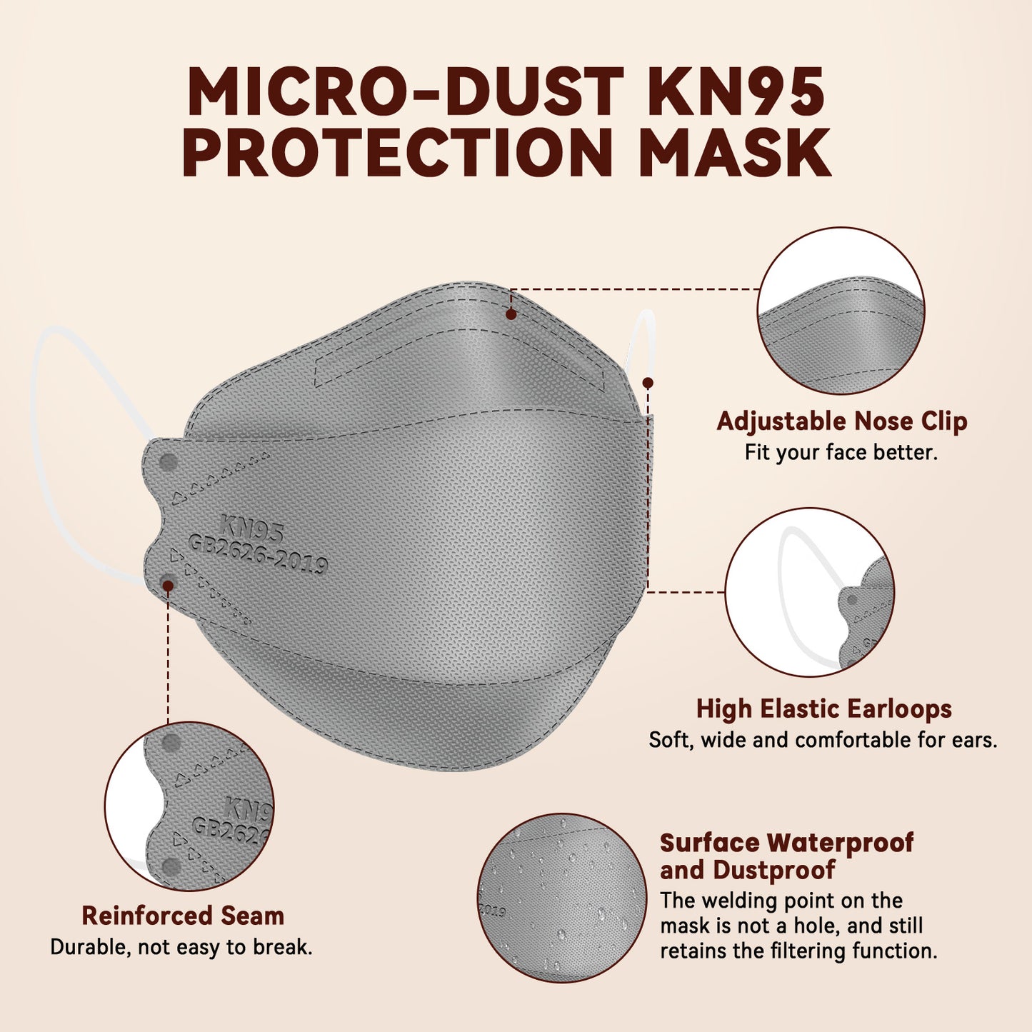 Edith qi KN95 Face Masks 50 PCS, 5 Ply Gray Disposable KN95 Masks for Adults Filter Efficiency 95%, Protection against PM 2.5 Smoke Particles