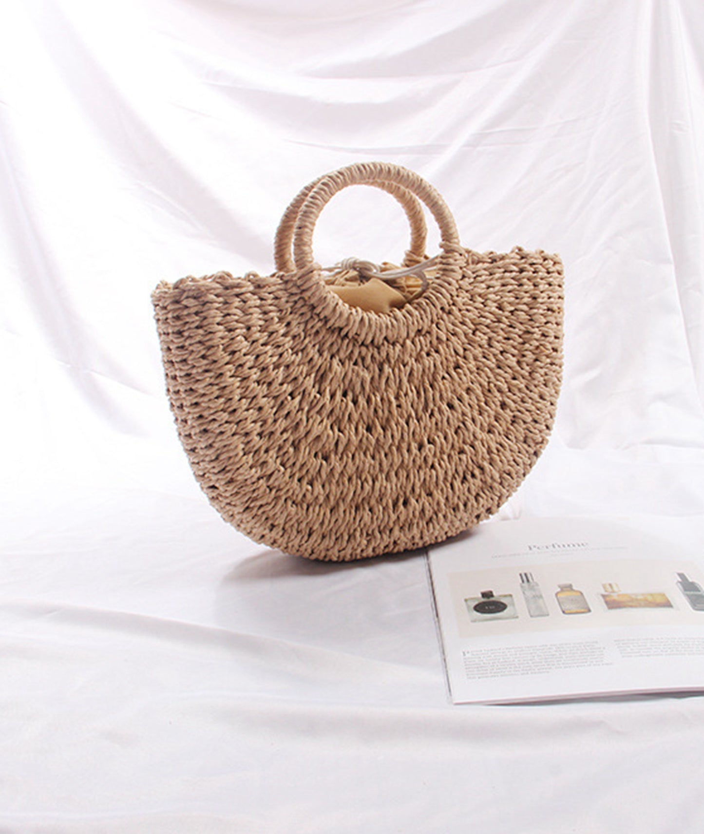 Straw handmade knitted summer beach tote handbag