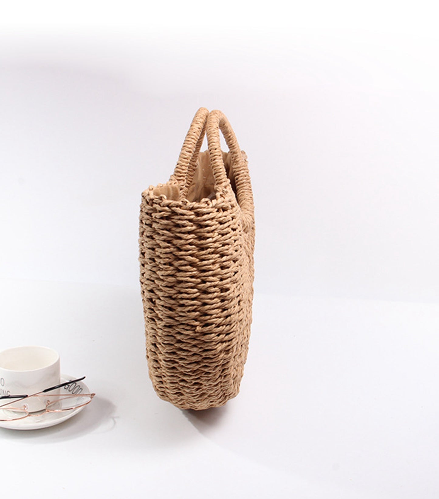 Straw handmade knitted summer beach tote handbag