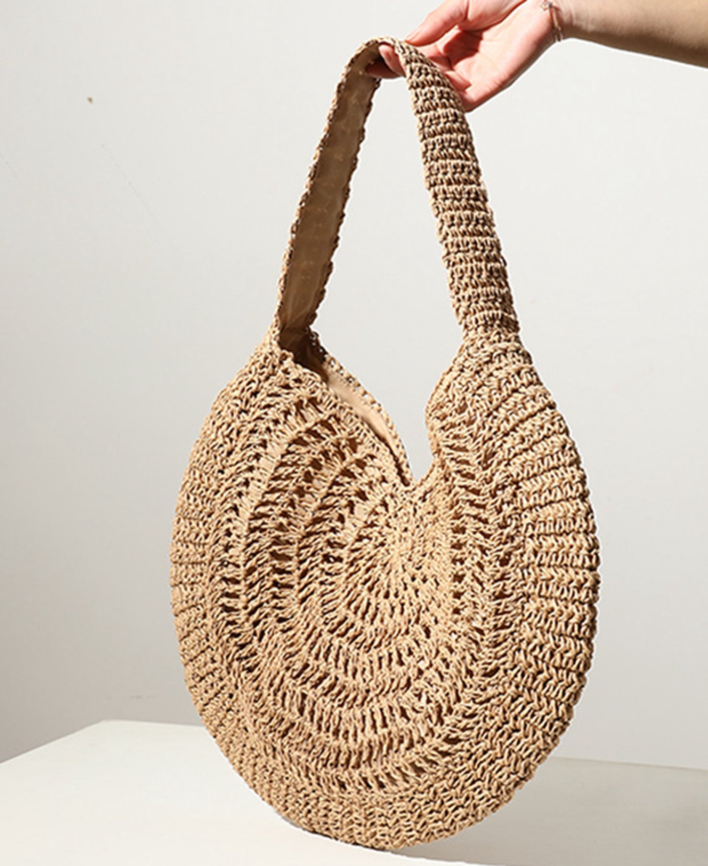Handmade yarn knitted summer beach tote handbag