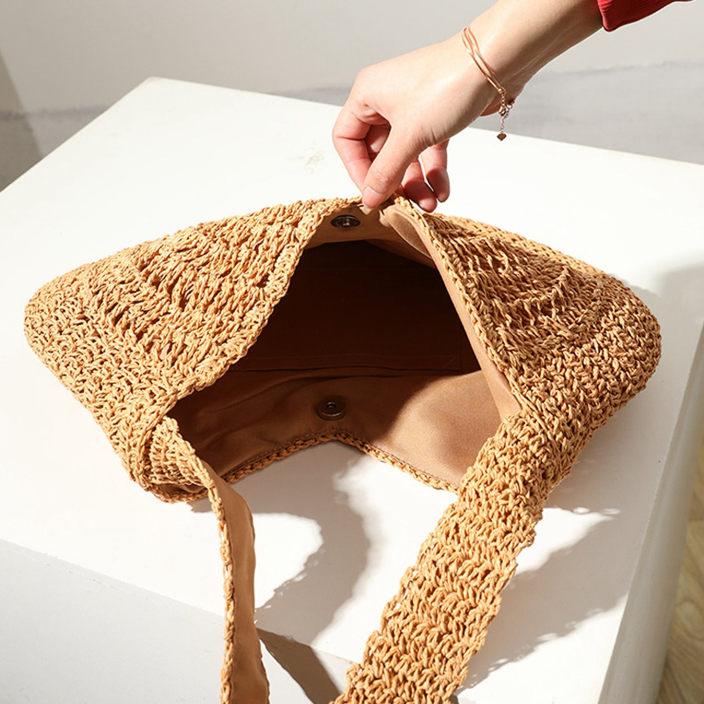 Handmade yarn knitted summer beach tote handbag
