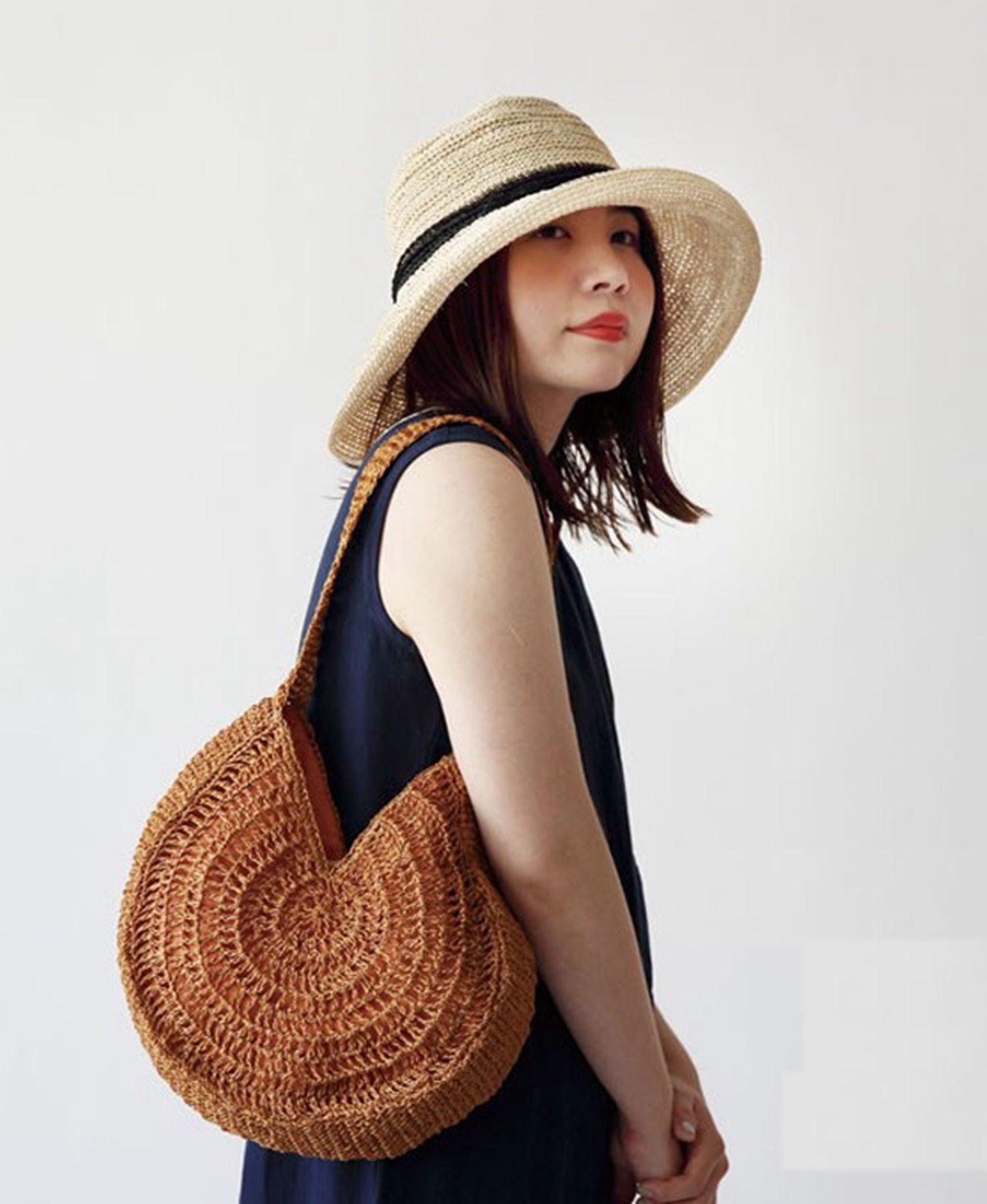 Handmade yarn knitted summer beach tote handbag