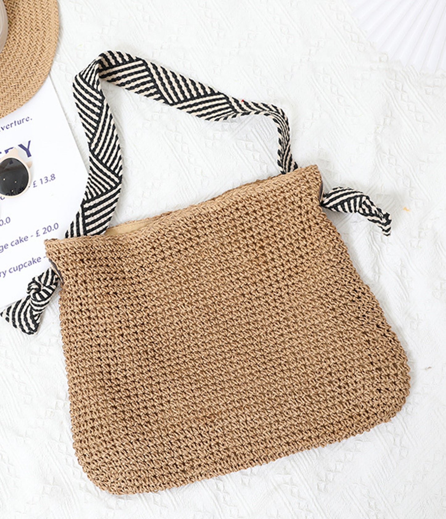 Brown handmade yarn knitted summer beach tote handbag HB2400012