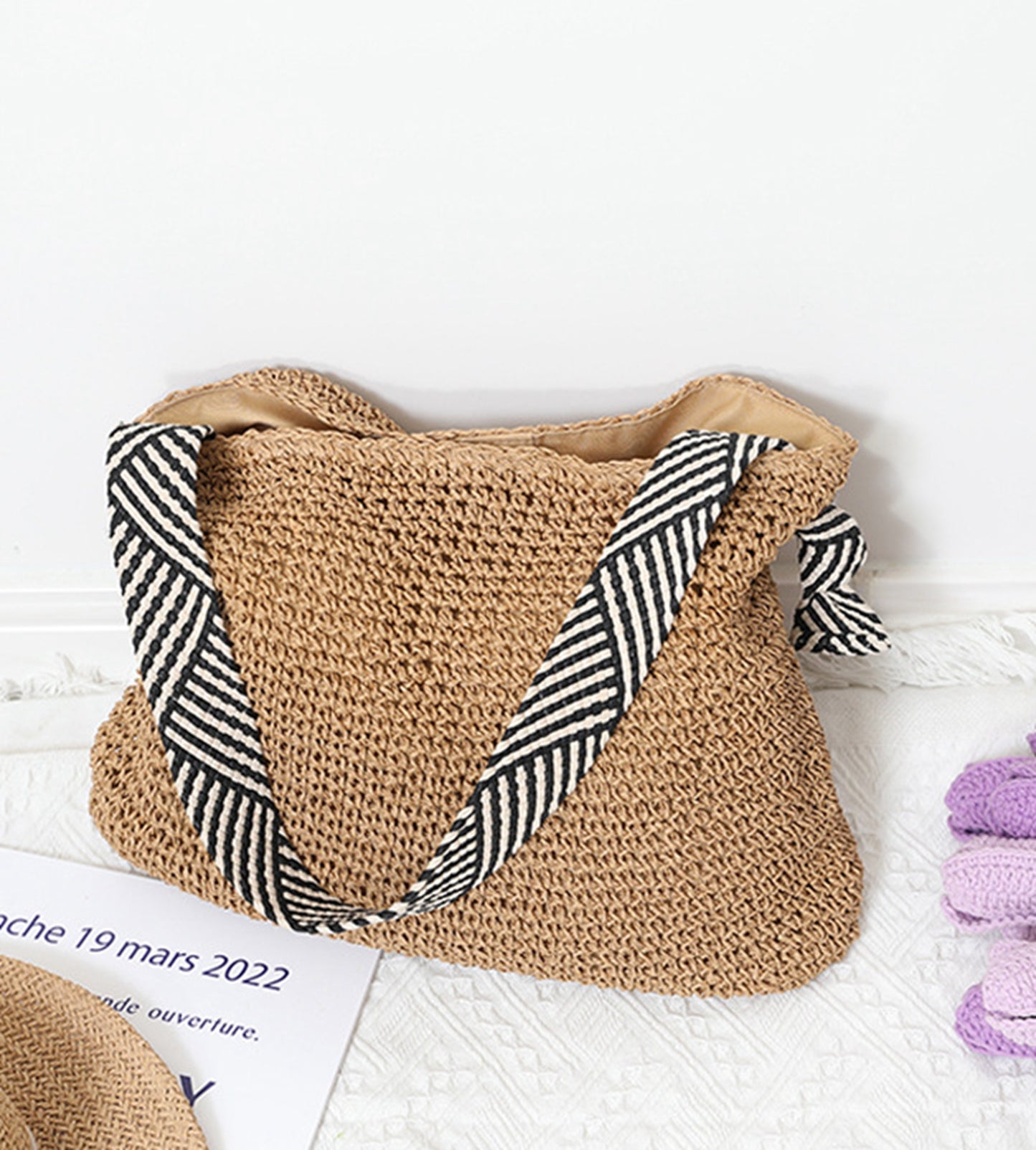 Brown handmade yarn knitted summer beach tote handbag HB2400012
