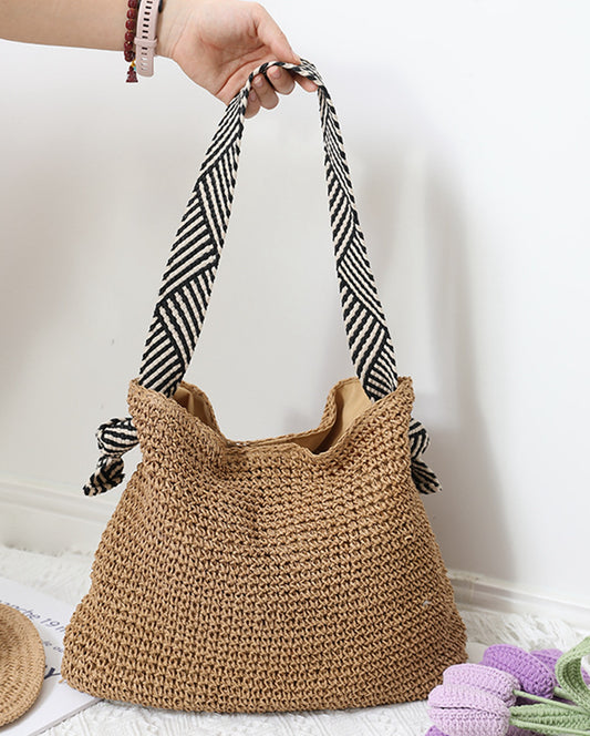 Brown handmade yarn knitted summer beach tote handbag HB2400012