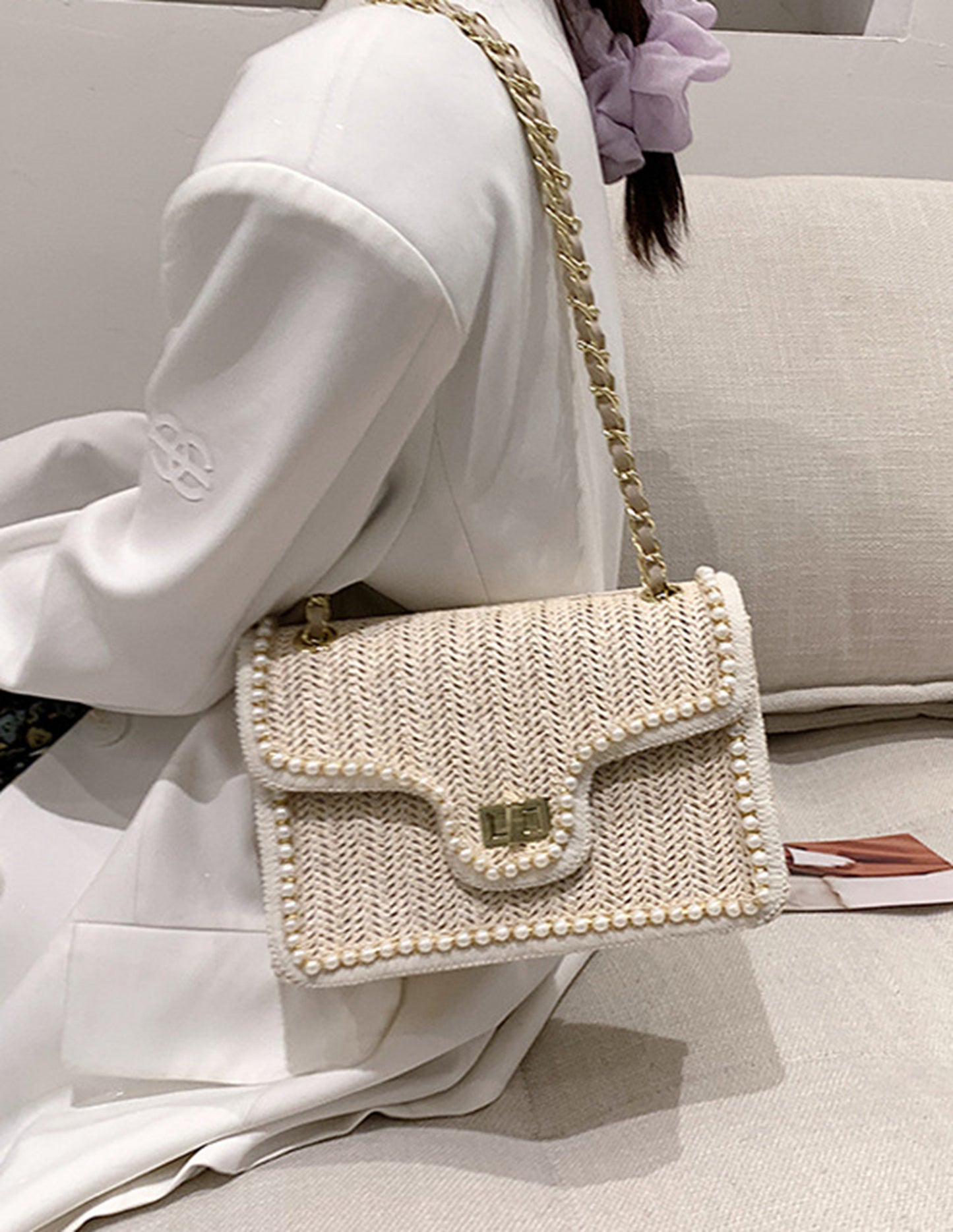 Chic beige handmade yarn knitted clutch handbag for prom party club HB2400013