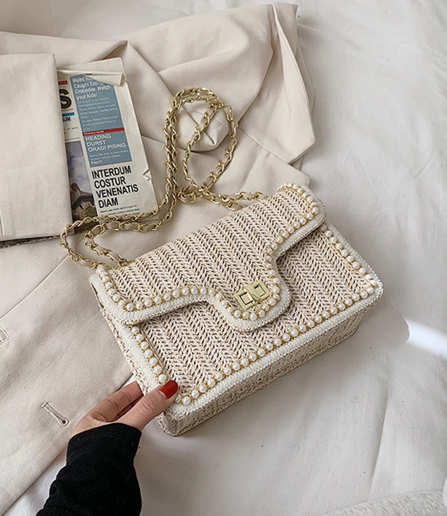 Chic beige handmade yarn knitted clutch handbag for prom party club HB2400013