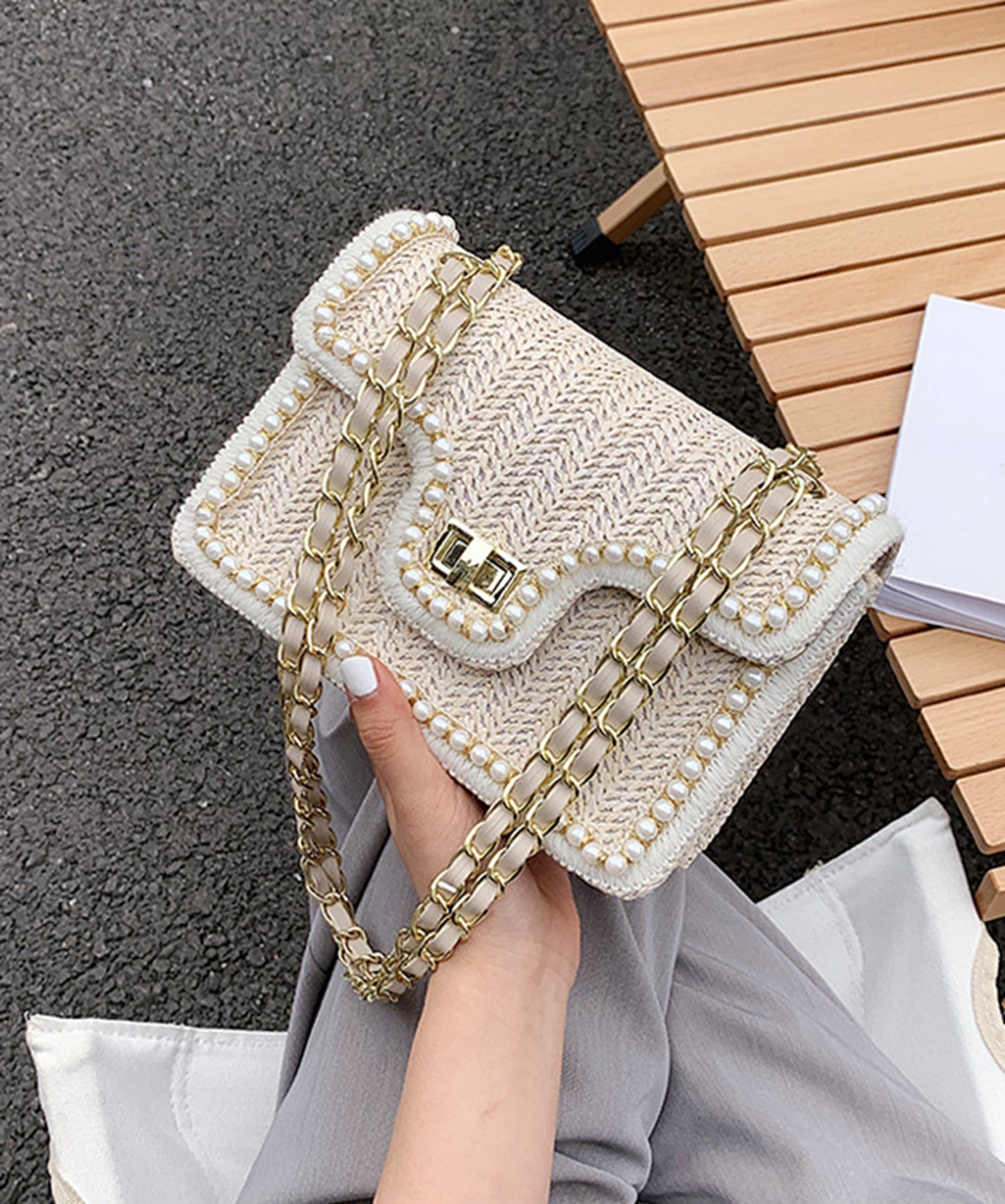 Chic beige handmade yarn knitted clutch handbag for prom party club HB2400013