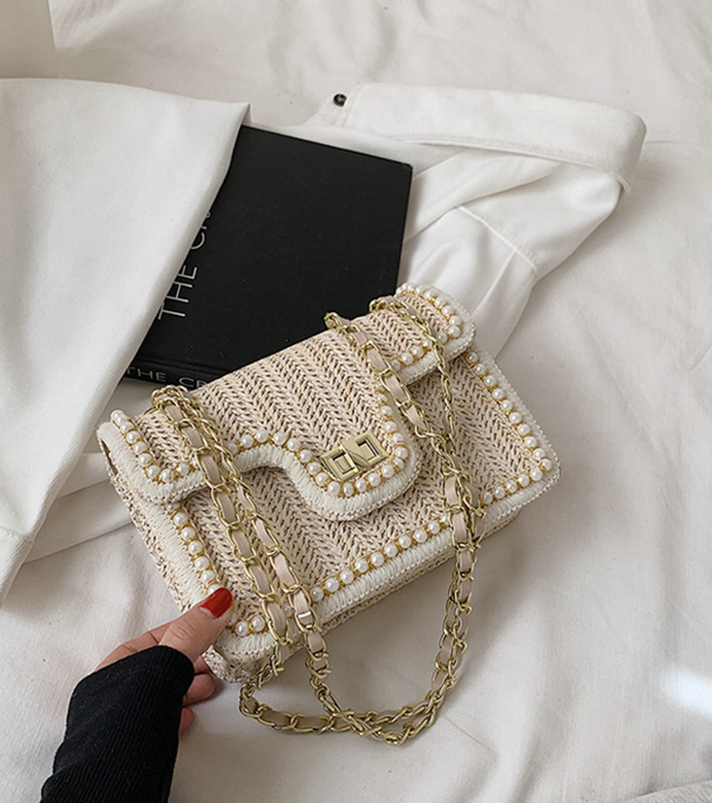 Chic beige handmade yarn knitted clutch handbag for prom party club HB2400013