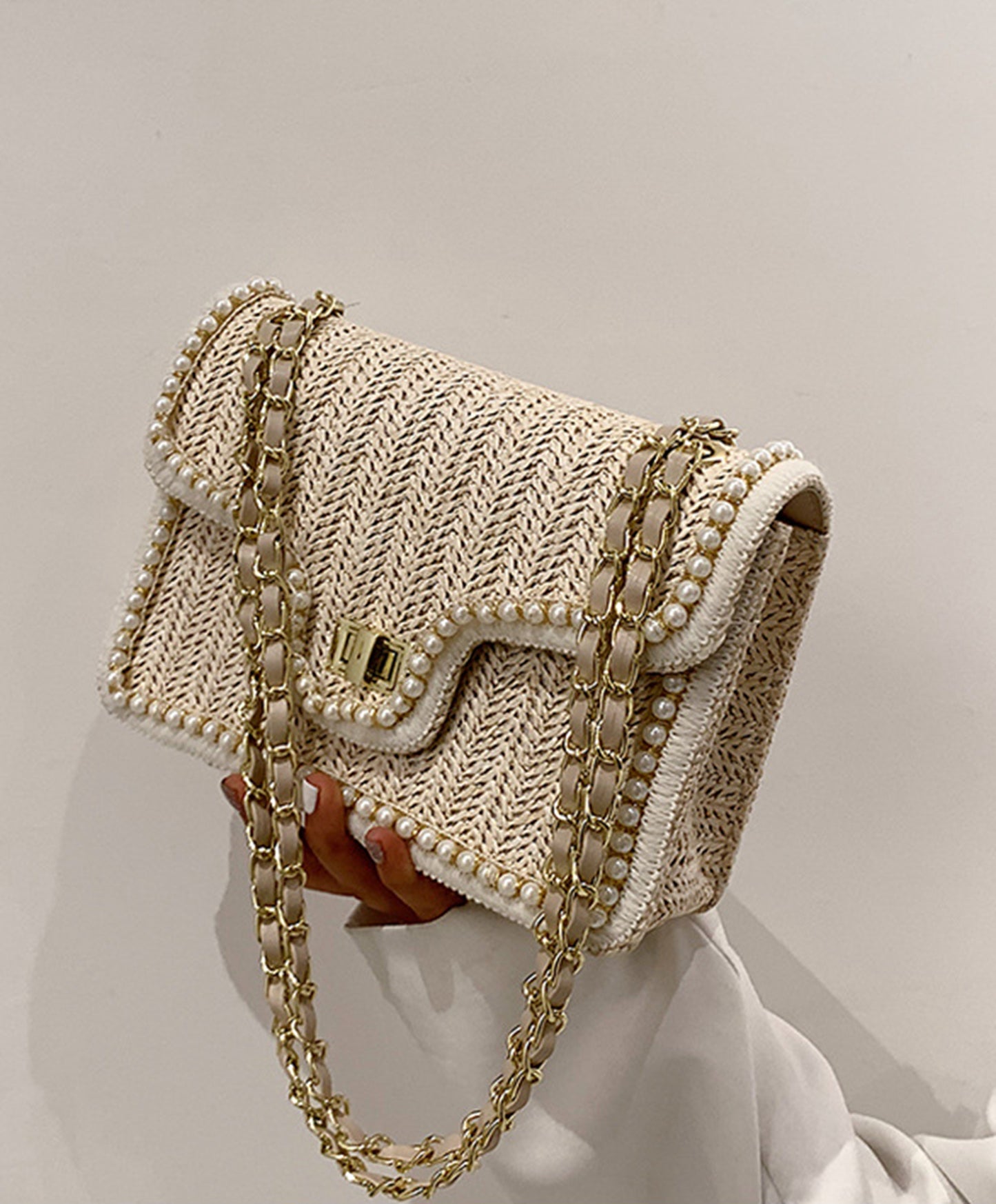 Chic beige handmade yarn knitted clutch handbag for prom party club HB2400013