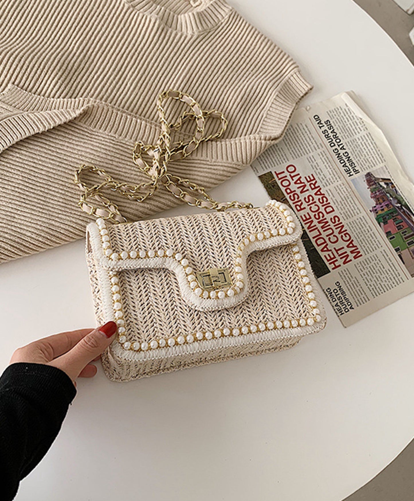 Chic beige handmade yarn knitted clutch handbag for prom party club HB2400013