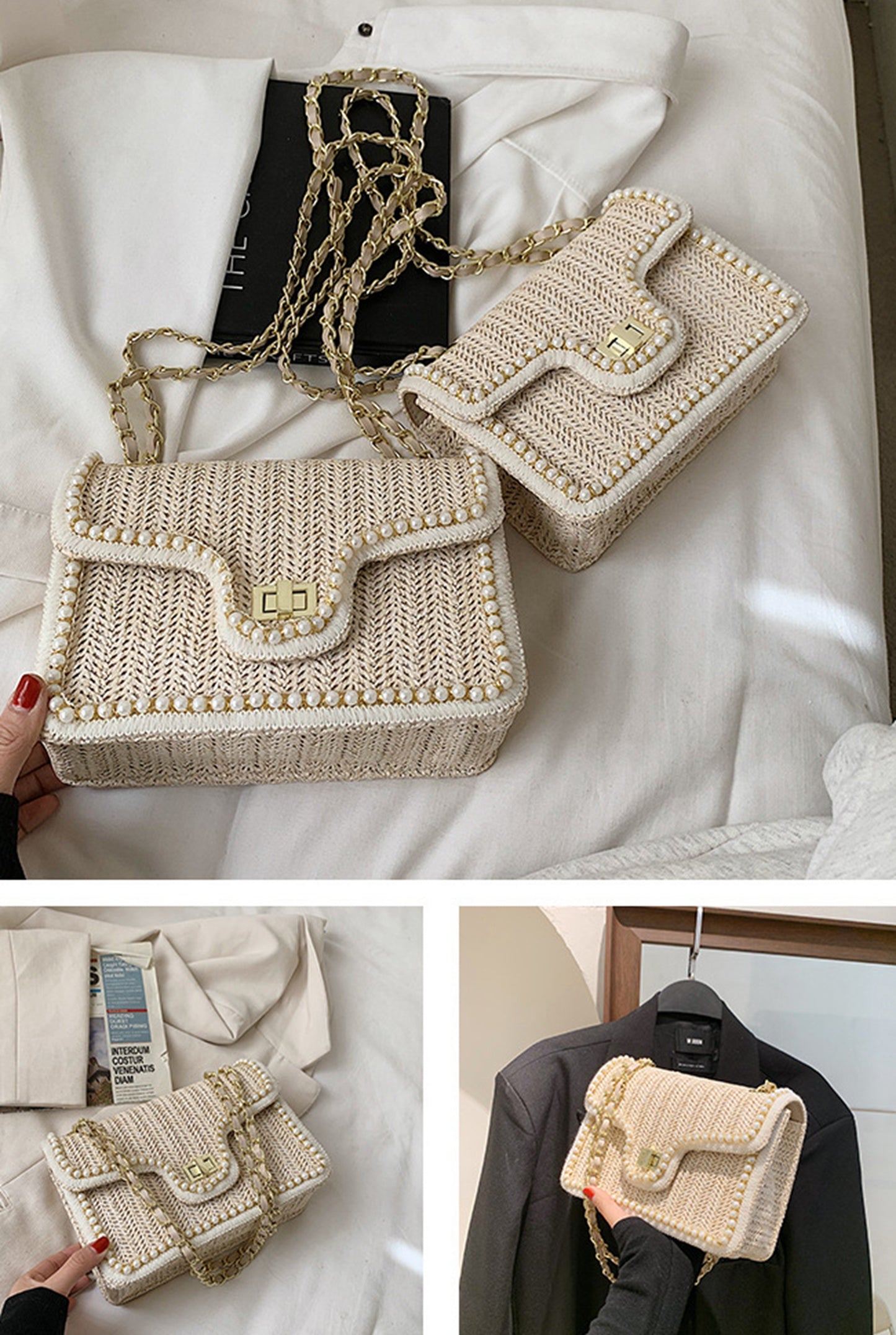 Chic beige handmade yarn knitted clutch handbag for prom party club HB2400013