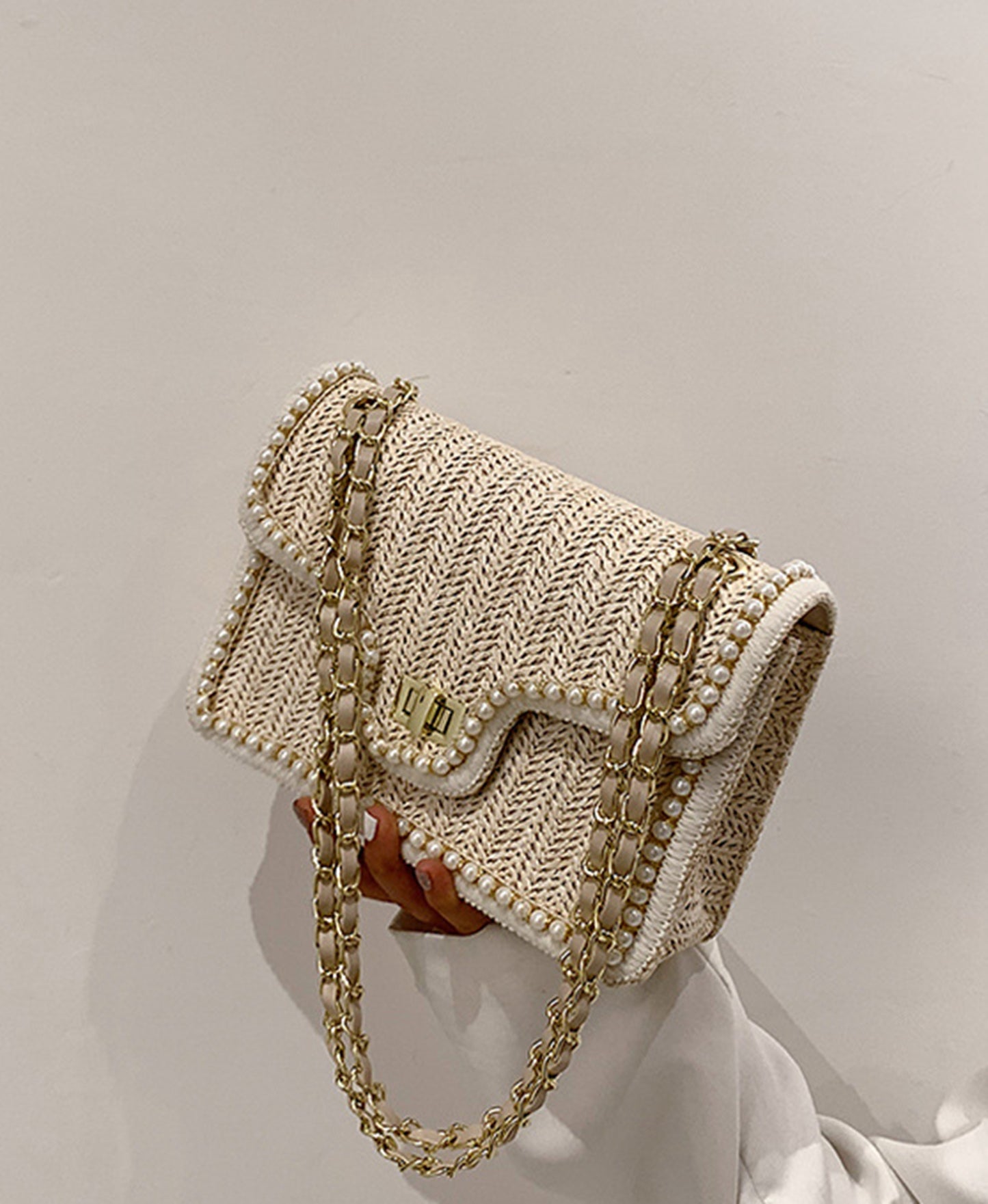Chic beige handmade yarn knitted clutch handbag for prom party club HB2400013