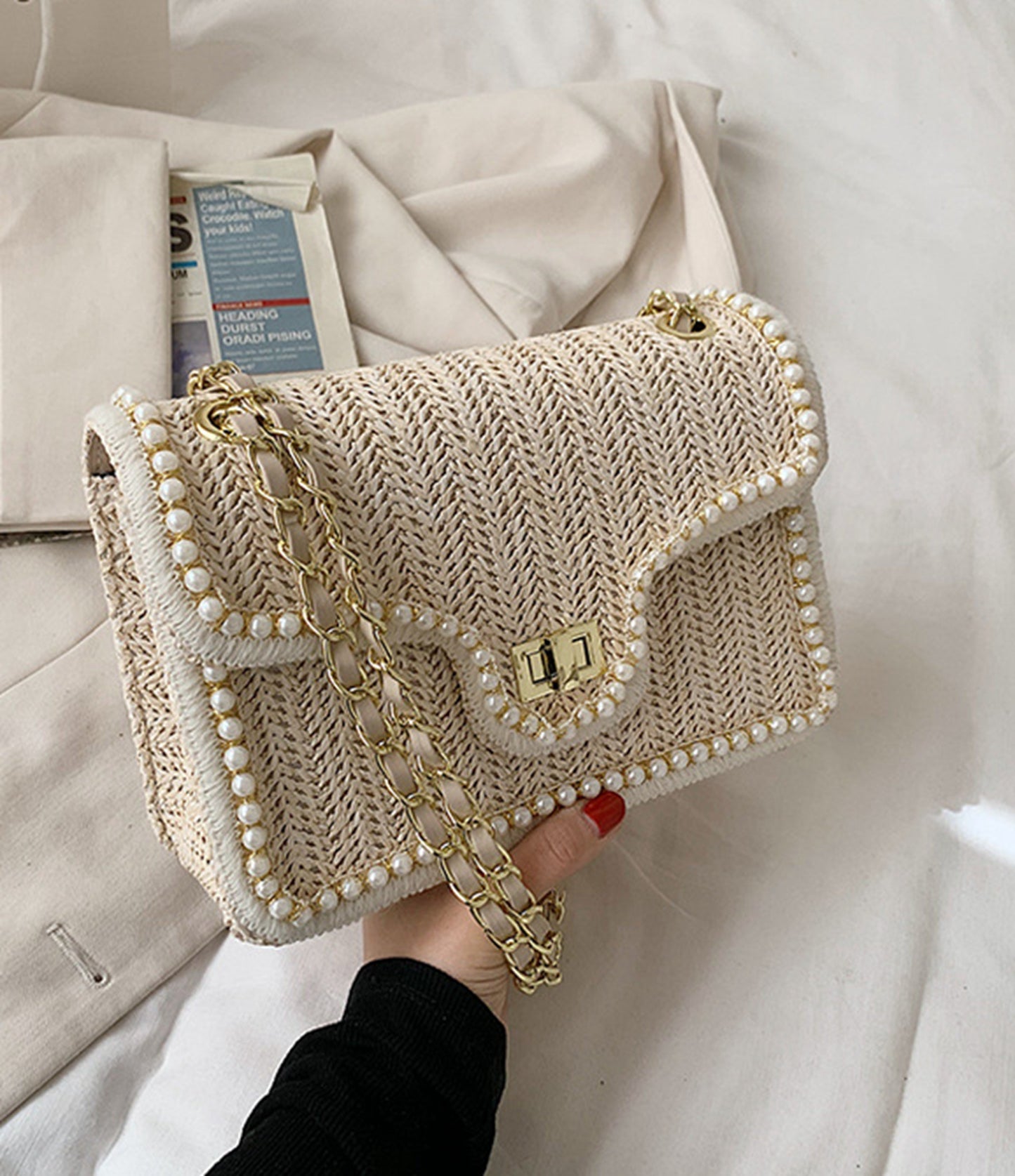 Chic beige handmade yarn knitted clutch handbag for prom party club HB2400013