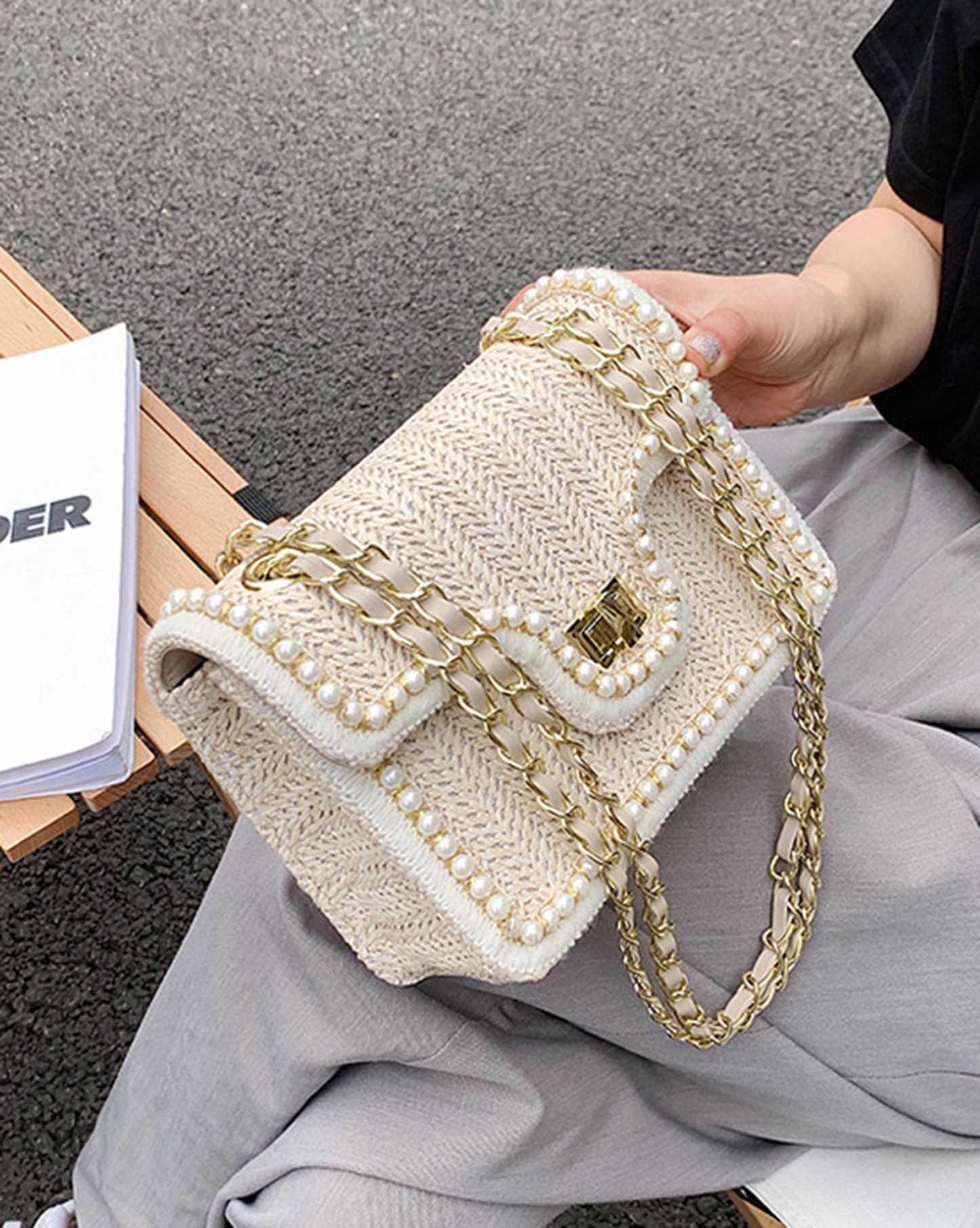Chic beige handmade yarn knitted clutch handbag for prom party club HB2400013