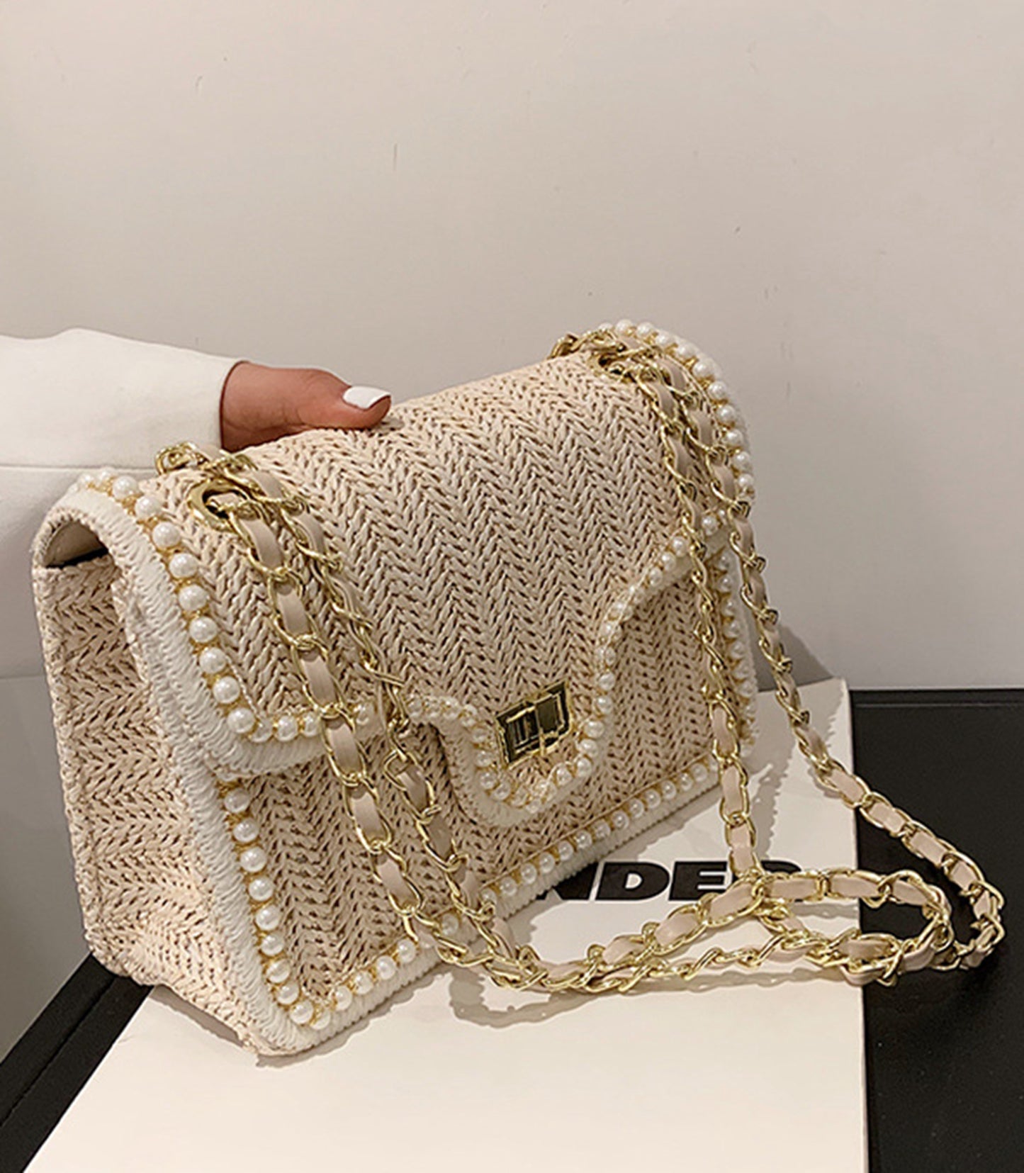 Chic beige handmade yarn knitted clutch handbag for prom party club HB2400013