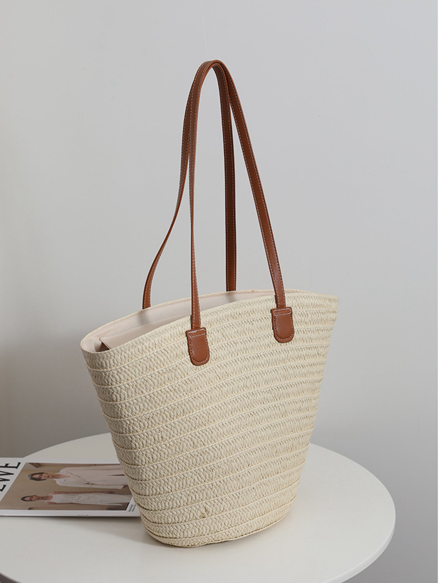 Chic handmade straw knitted summer beach tote handbag trapezoid bag HB2400019
