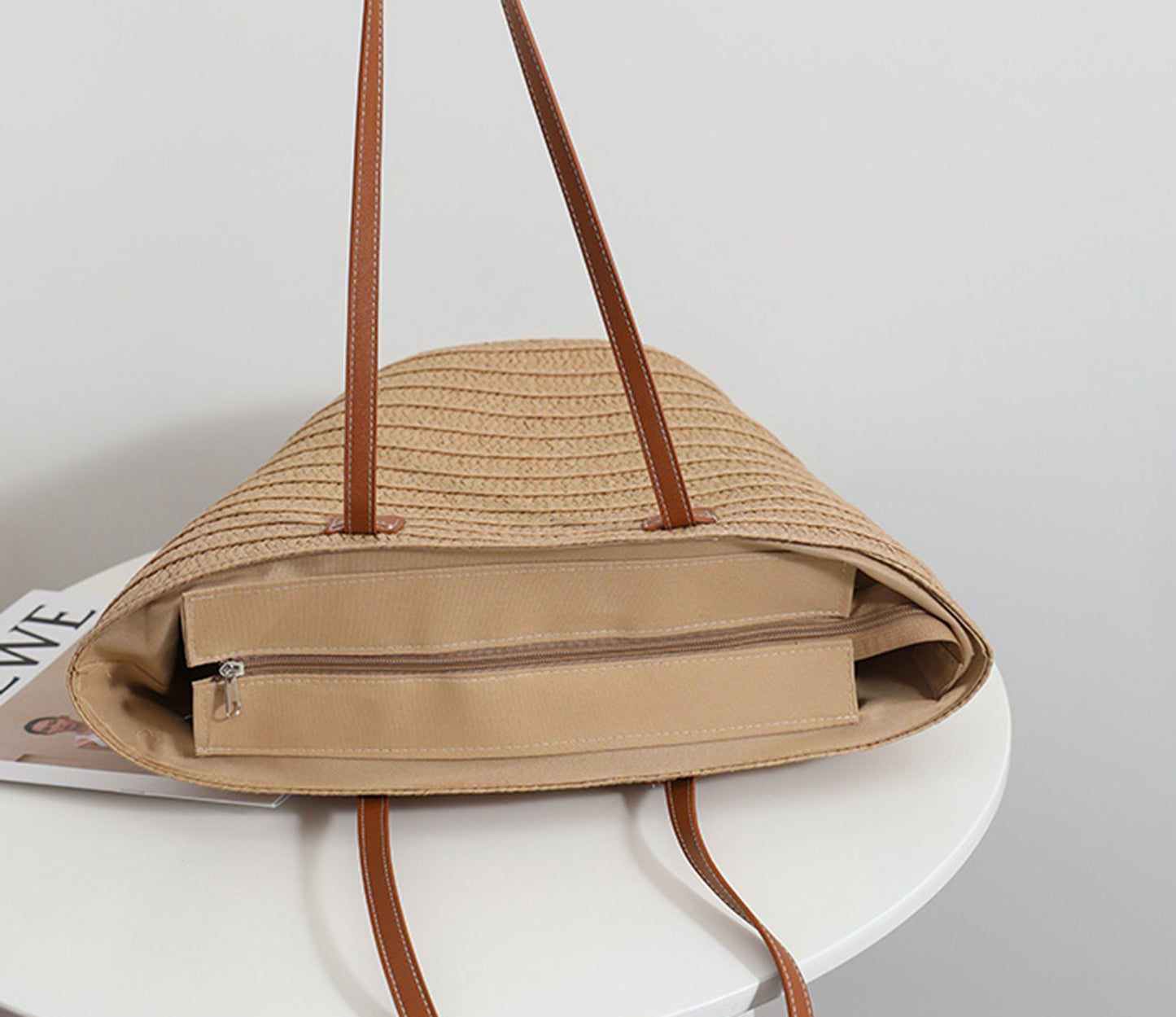 Chic handmade straw knitted summer beach tote handbag trapezoid bag HB2400019