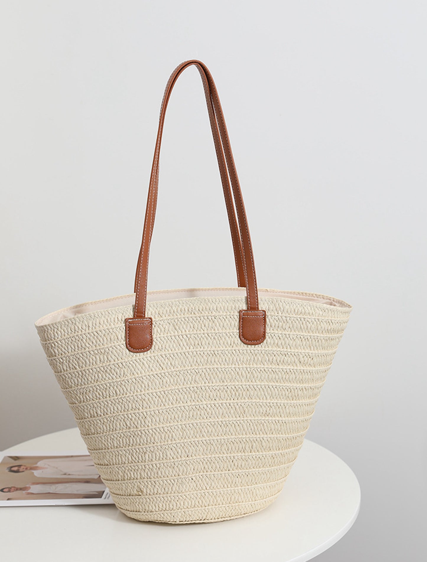 Chic handmade straw knitted summer beach tote handbag trapezoid bag HB2400019