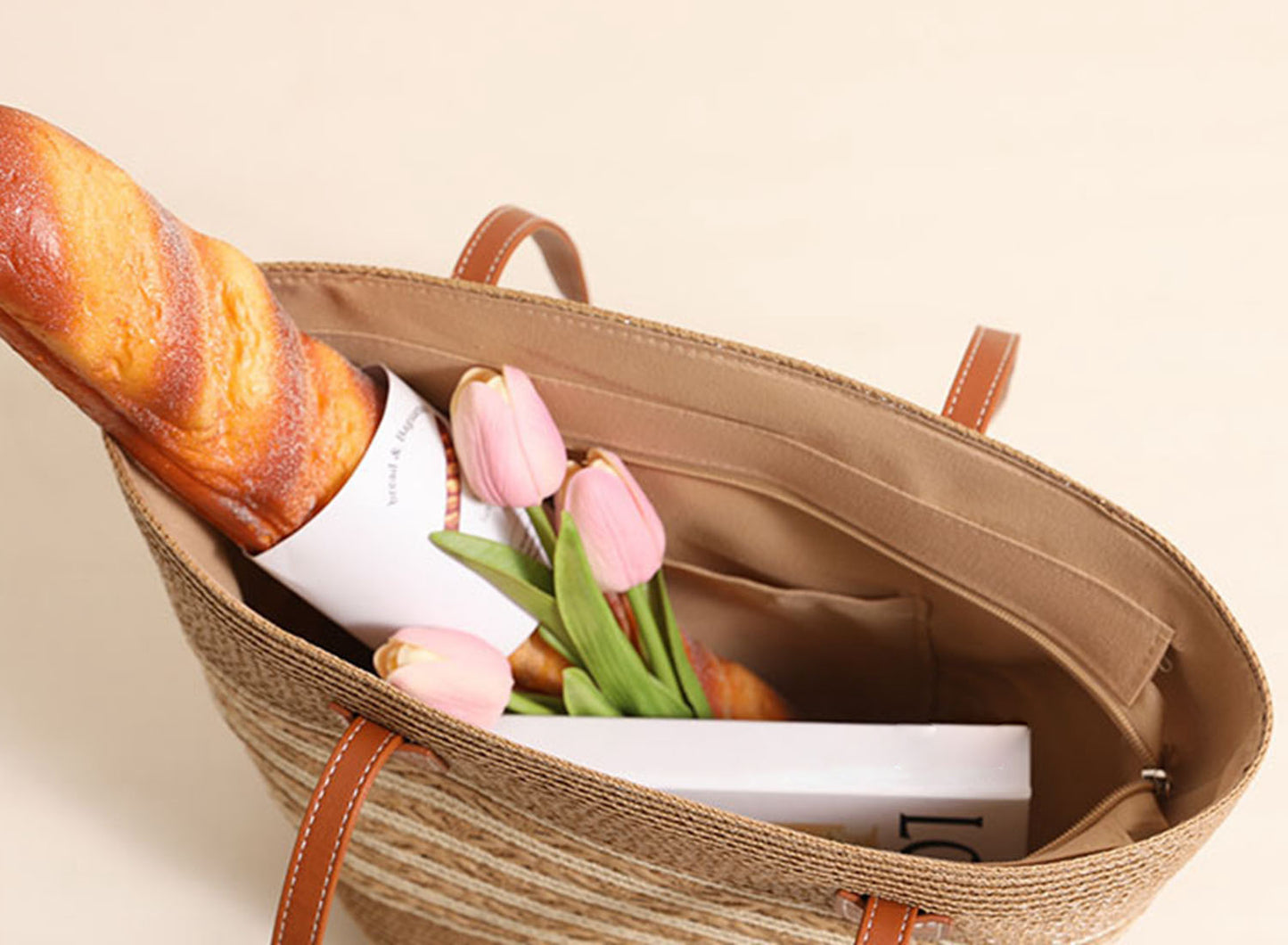 Chic handmade straw knitted summer beach tote handbag trapezoid bag HB2400019