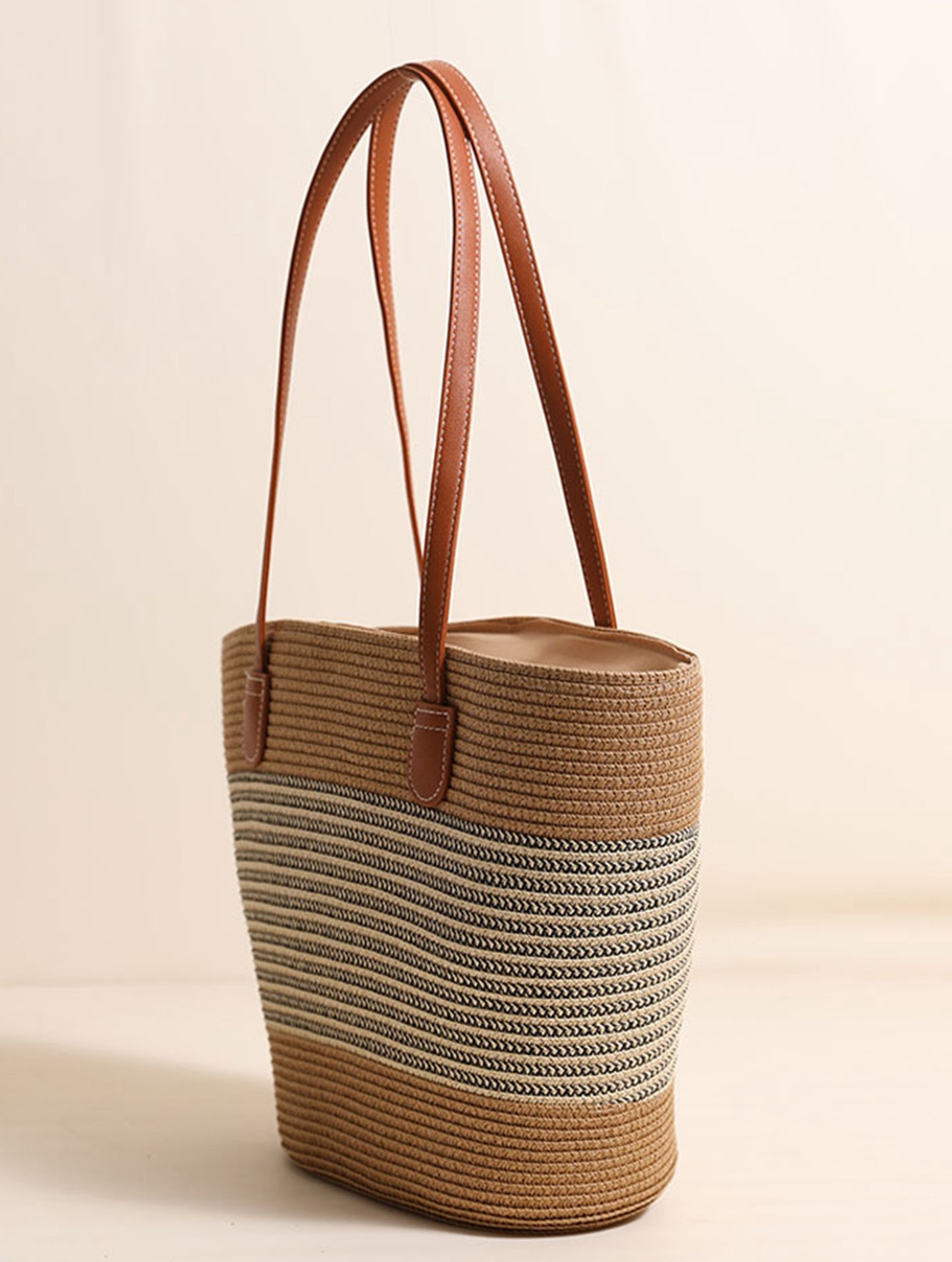 Chic handmade straw knitted summer beach tote handbag trapezoid bag HB2400019