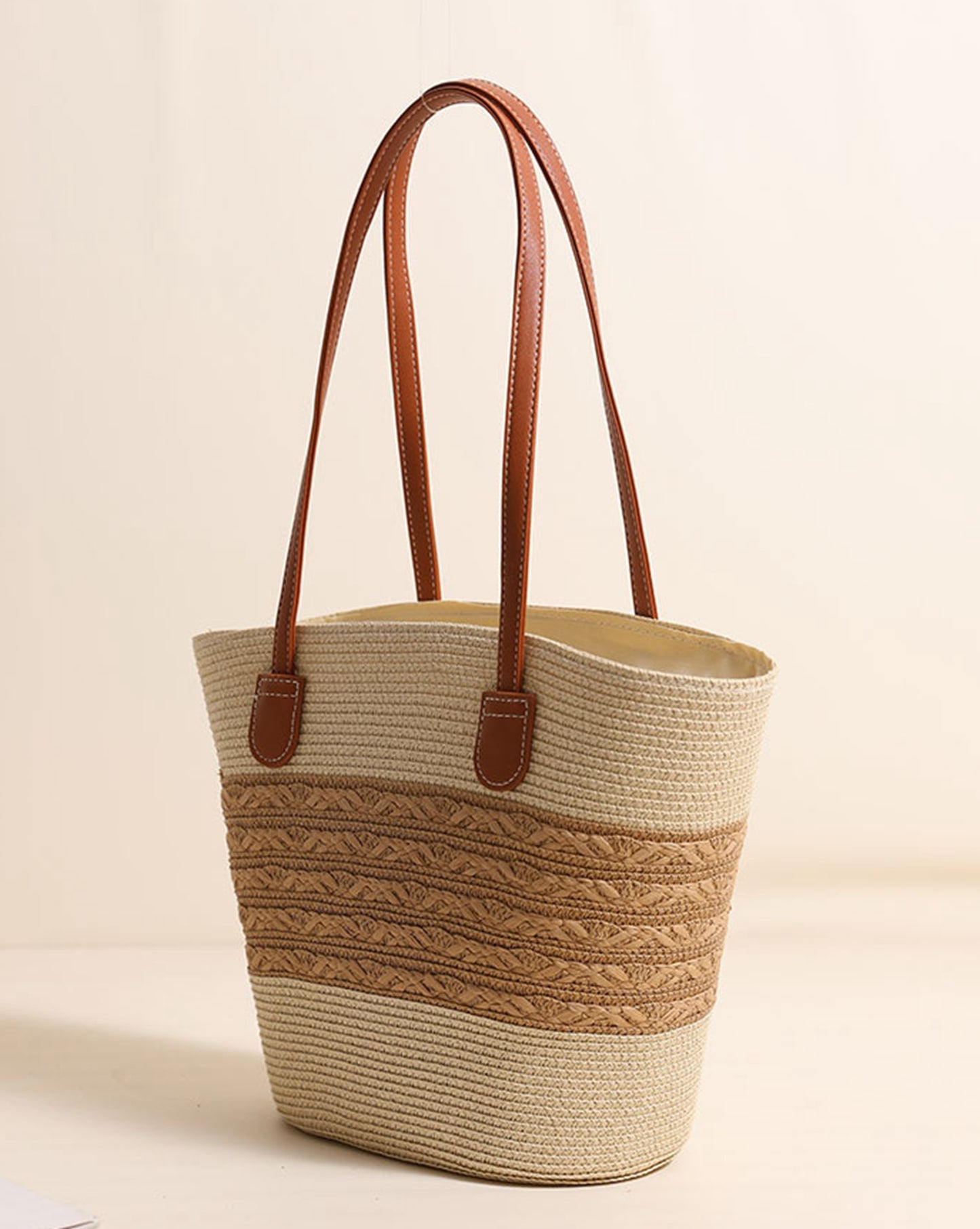 Chic handmade straw knitted summer beach tote handbag trapezoid bag HB2400019