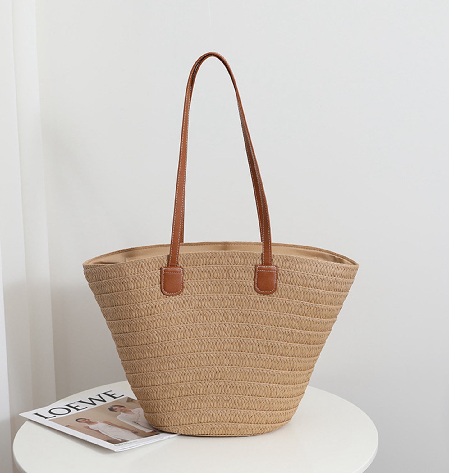 Chic handmade straw knitted summer beach tote handbag trapezoid bag HB2400019