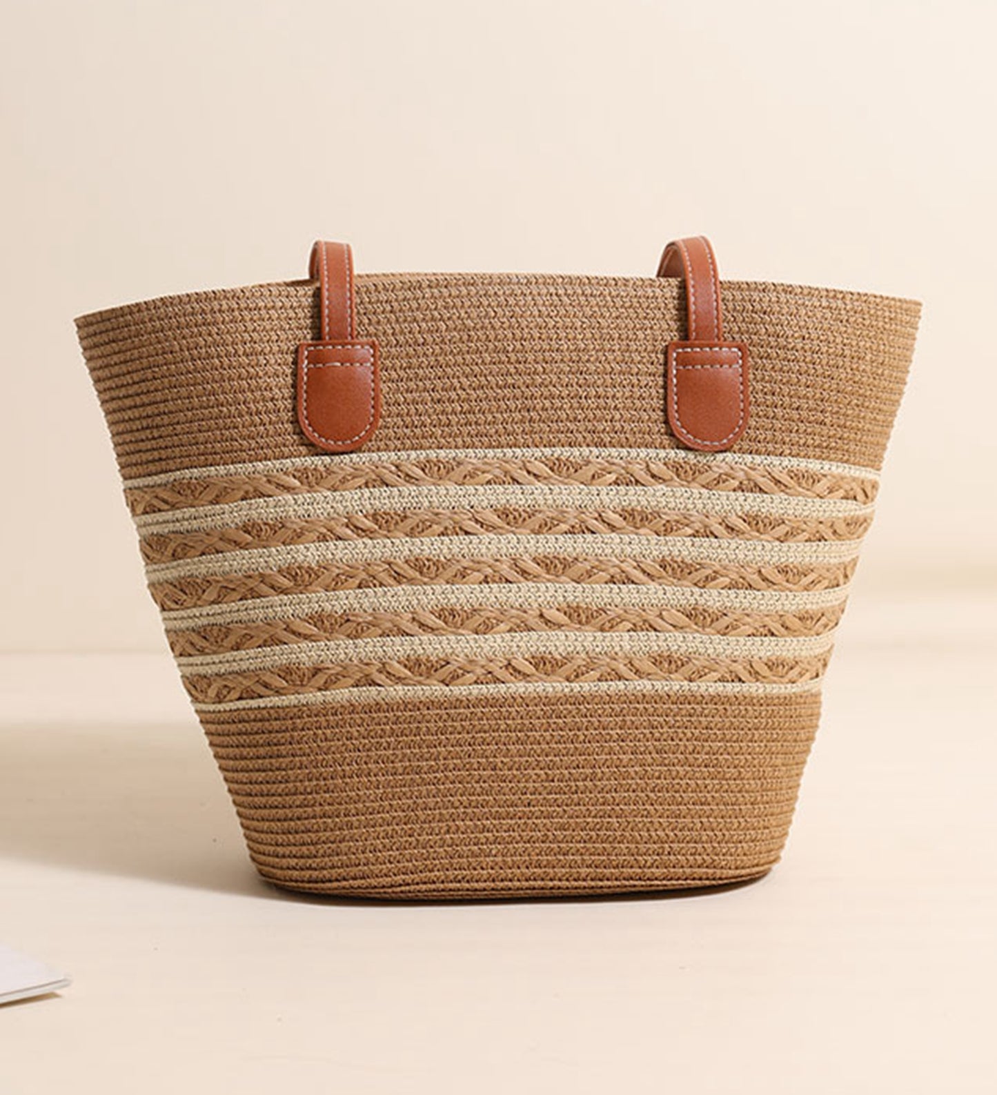 Chic handmade straw knitted summer beach tote handbag trapezoid bag HB2400019
