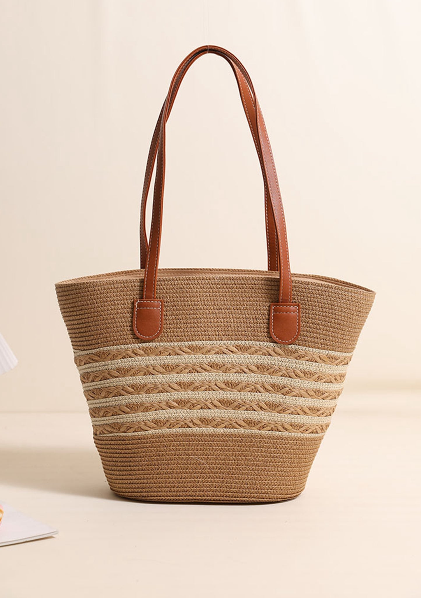 Chic handmade straw knitted summer beach tote handbag trapezoid bag HB2400019