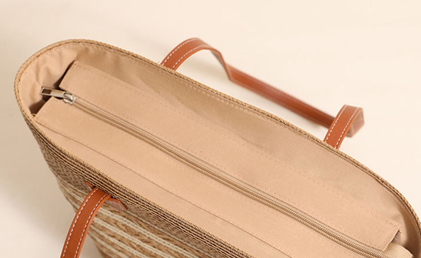 Chic handmade straw knitted summer beach tote handbag trapezoid bag HB2400019