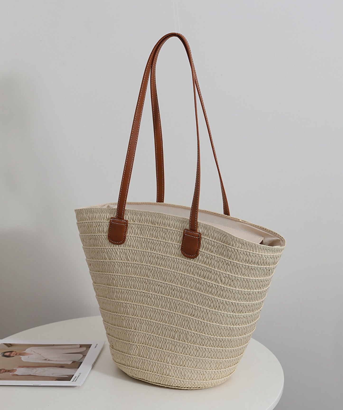 Chic handmade straw knitted summer beach tote handbag trapezoid bag HB2400019