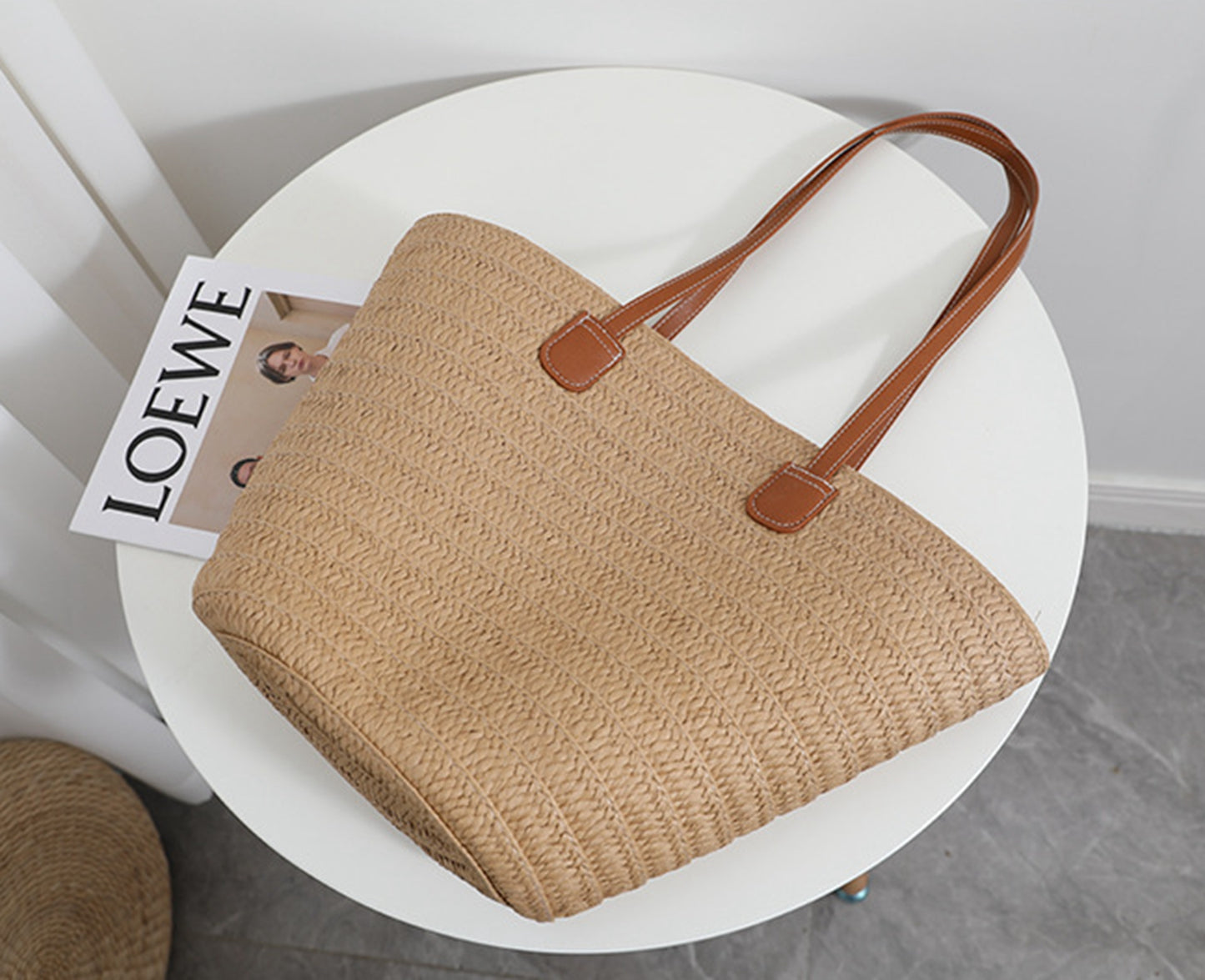 Chic handmade straw knitted summer beach tote handbag trapezoid bag HB2400019