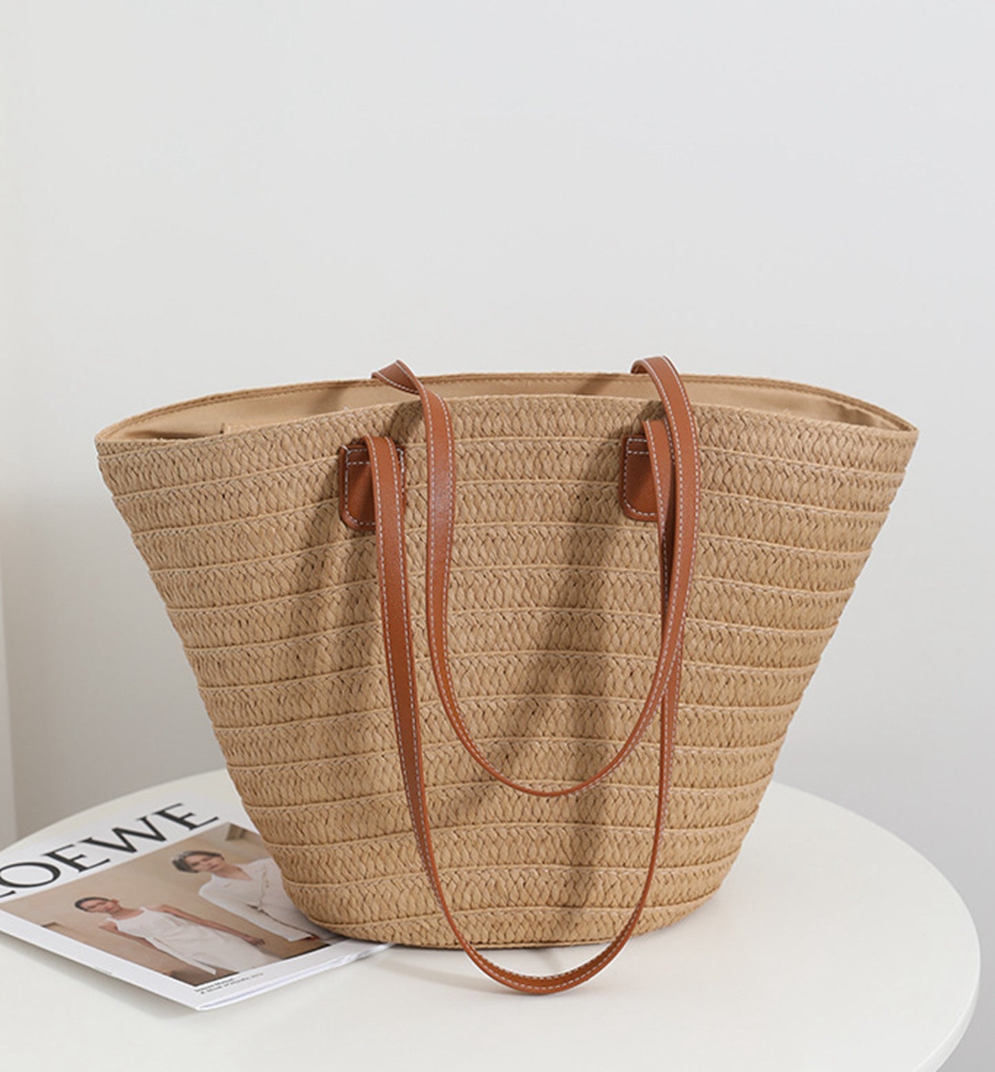 Chic handmade straw knitted summer beach tote handbag trapezoid bag HB2400019