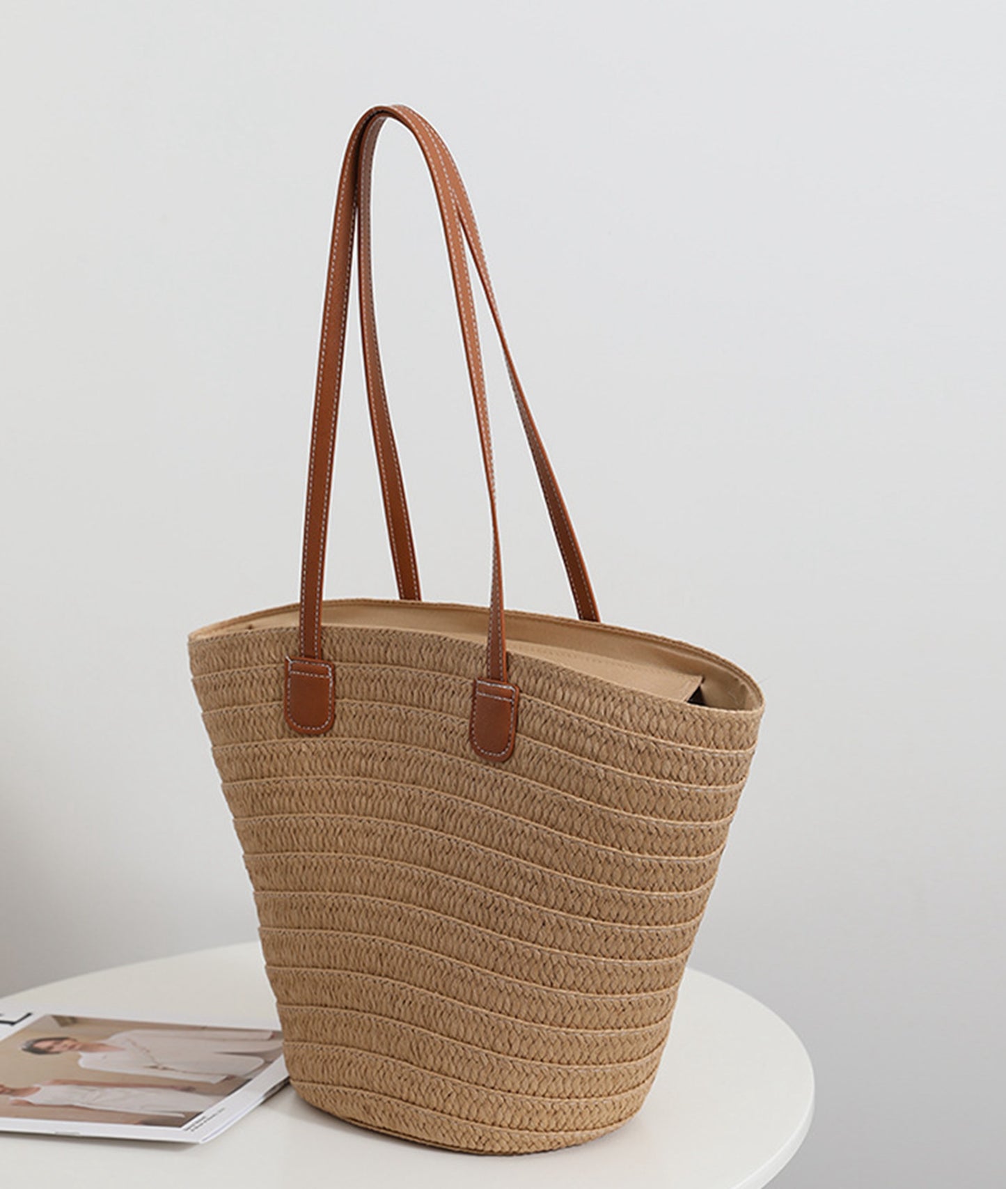 Chic handmade straw knitted summer beach tote handbag trapezoid bag HB2400019