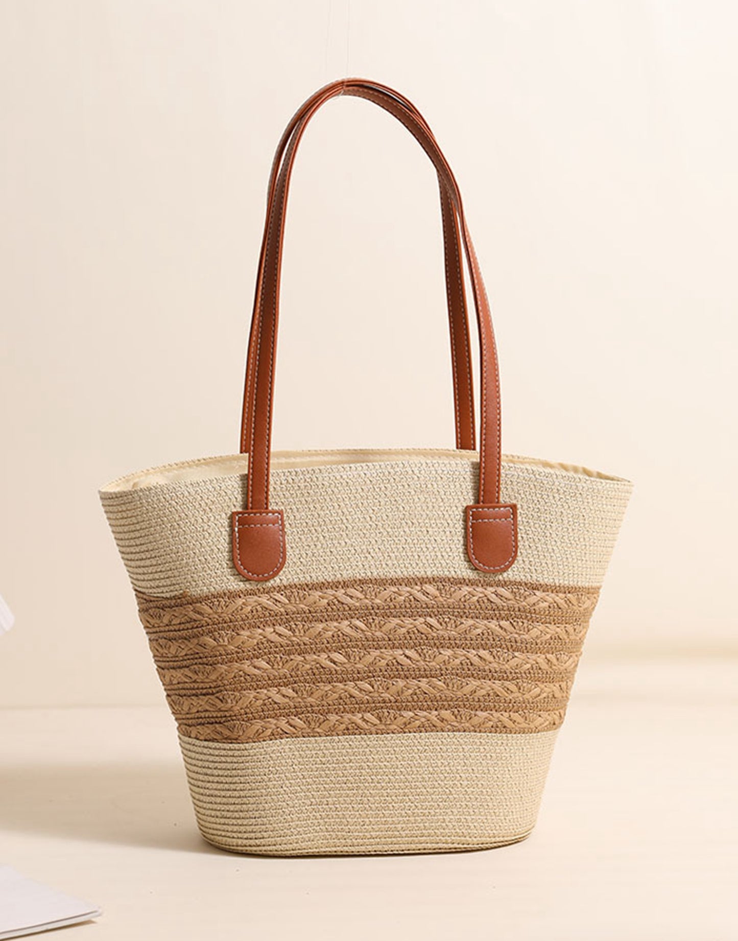 Chic handmade straw knitted summer beach tote handbag trapezoid bag HB2400019