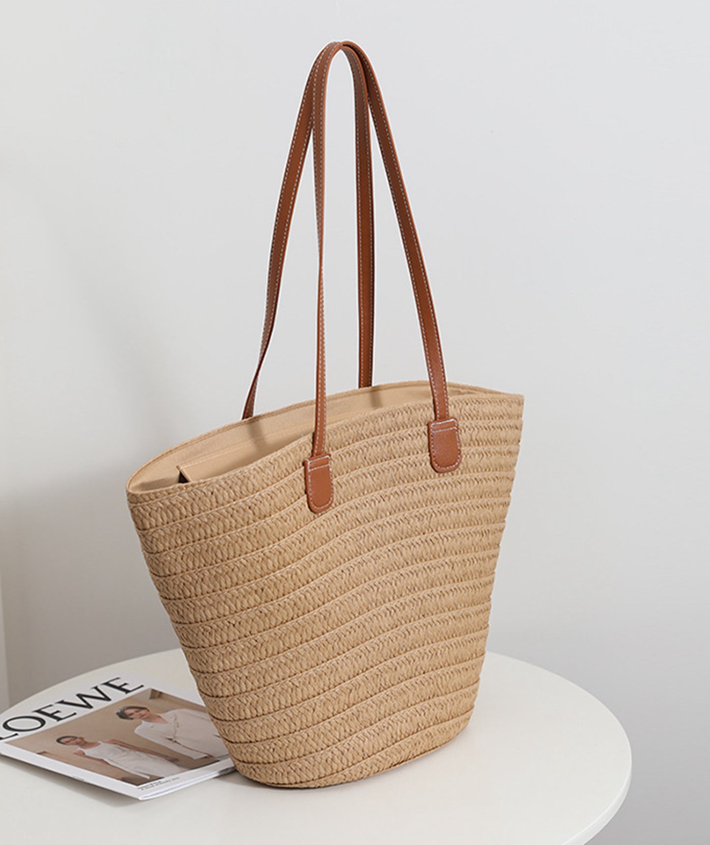 Chic handmade straw knitted summer beach tote handbag trapezoid bag HB2400019