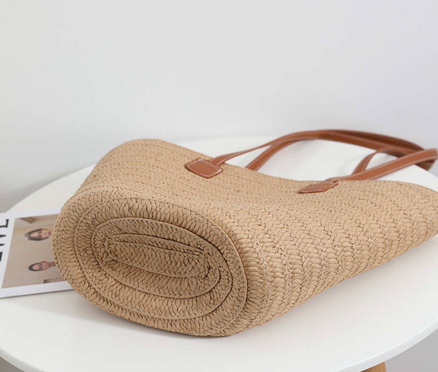 Chic handmade straw knitted summer beach tote handbag trapezoid bag HB2400019