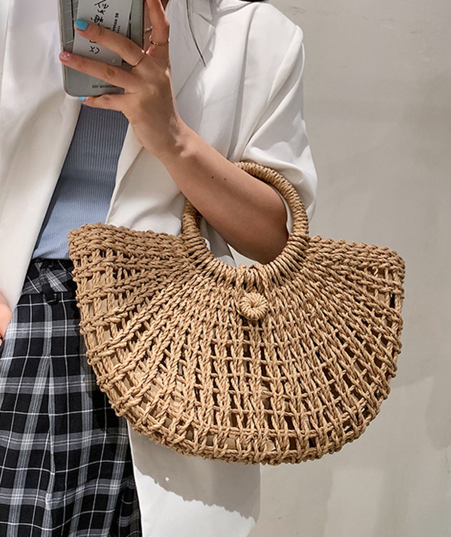 Straw handmade knitted summer beach tote handbag HB2400021