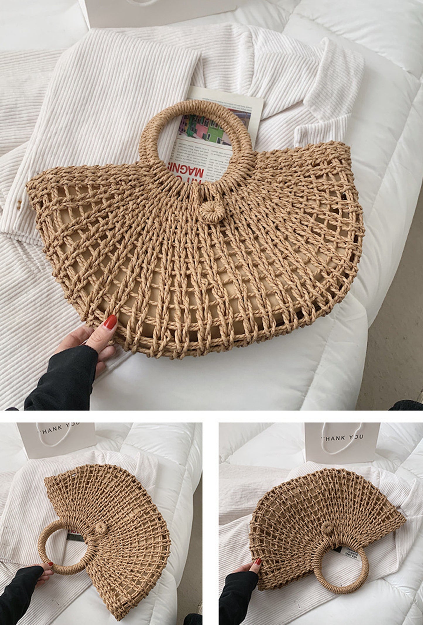 Straw handmade knitted summer beach tote handbag HB2400021