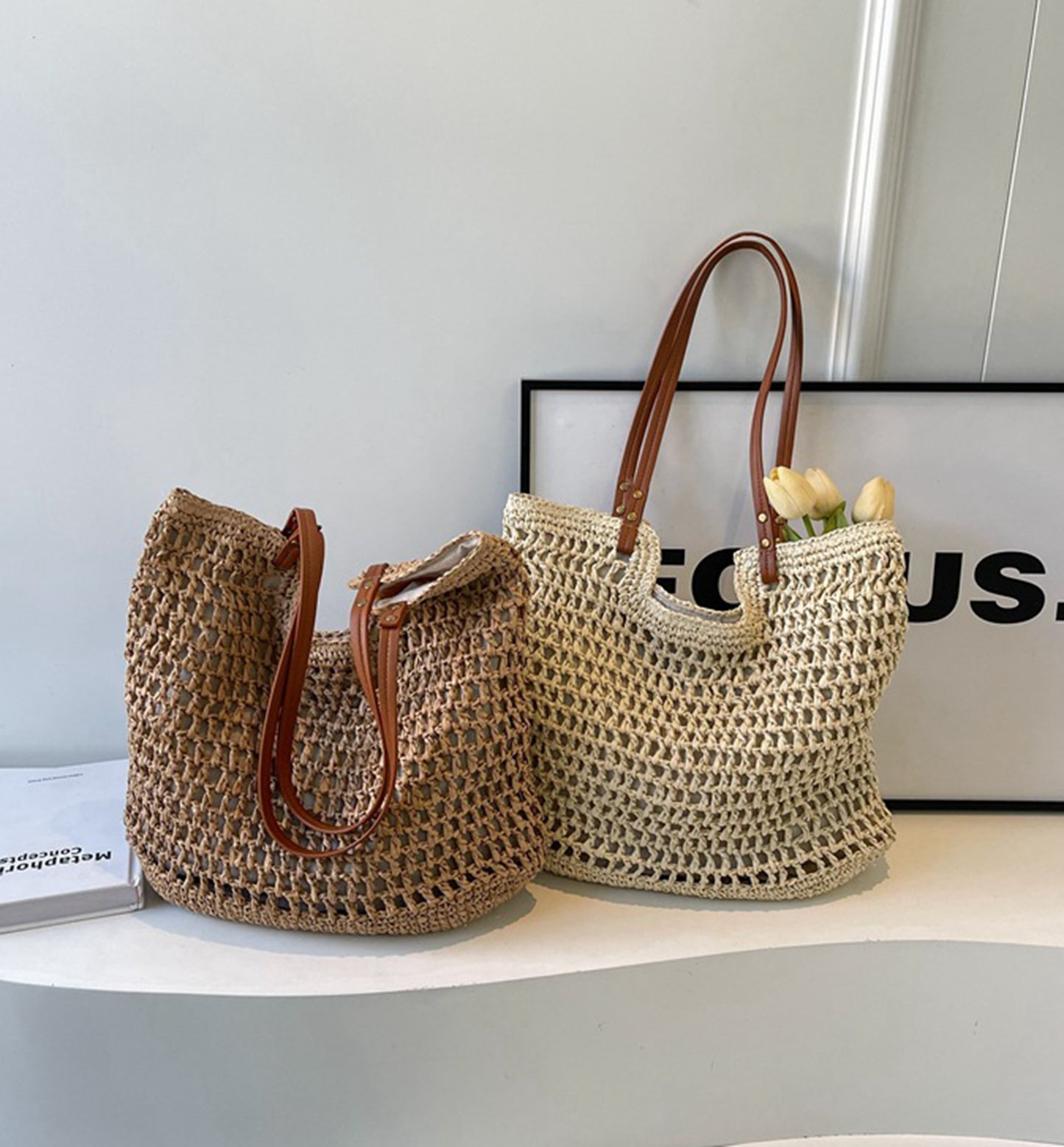 Handmade yarn knitted summer beach tote handbag HB2400023