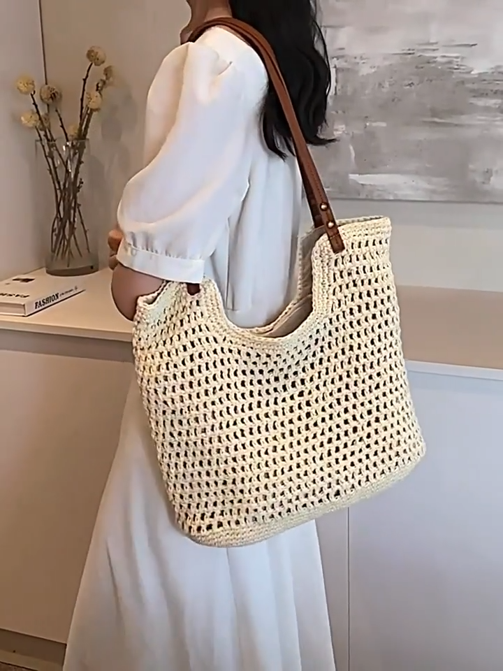 Handmade yarn knitted summer beach tote handbag HB2400023