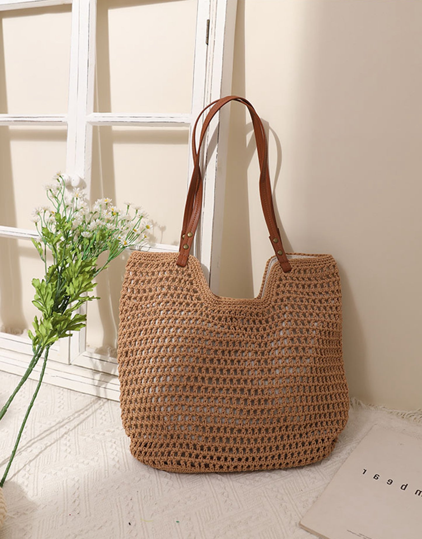 Handmade yarn knitted summer beach tote handbag HB2400023