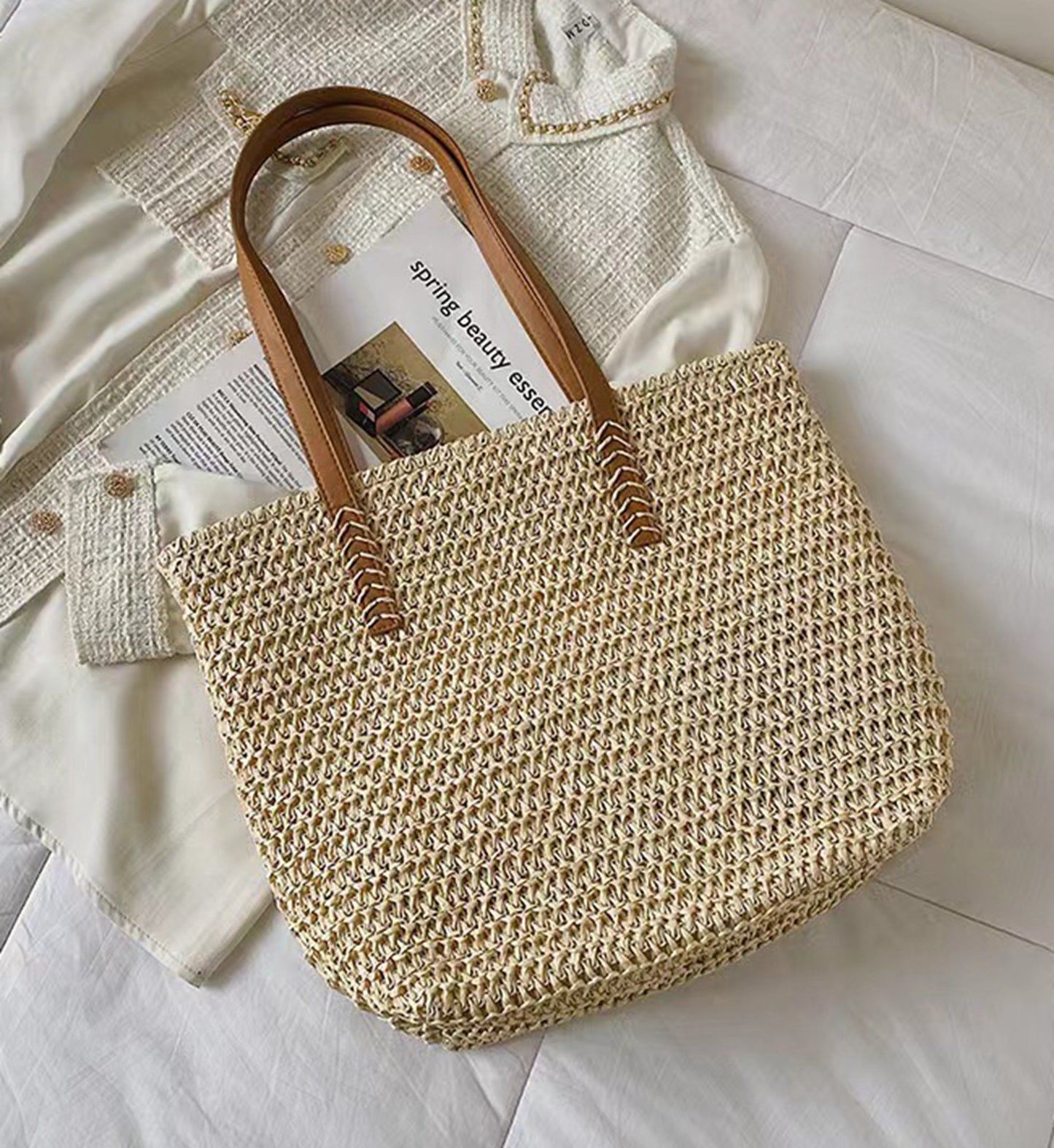 Handmade yarn knitted summer beach tote handbag HB2400023