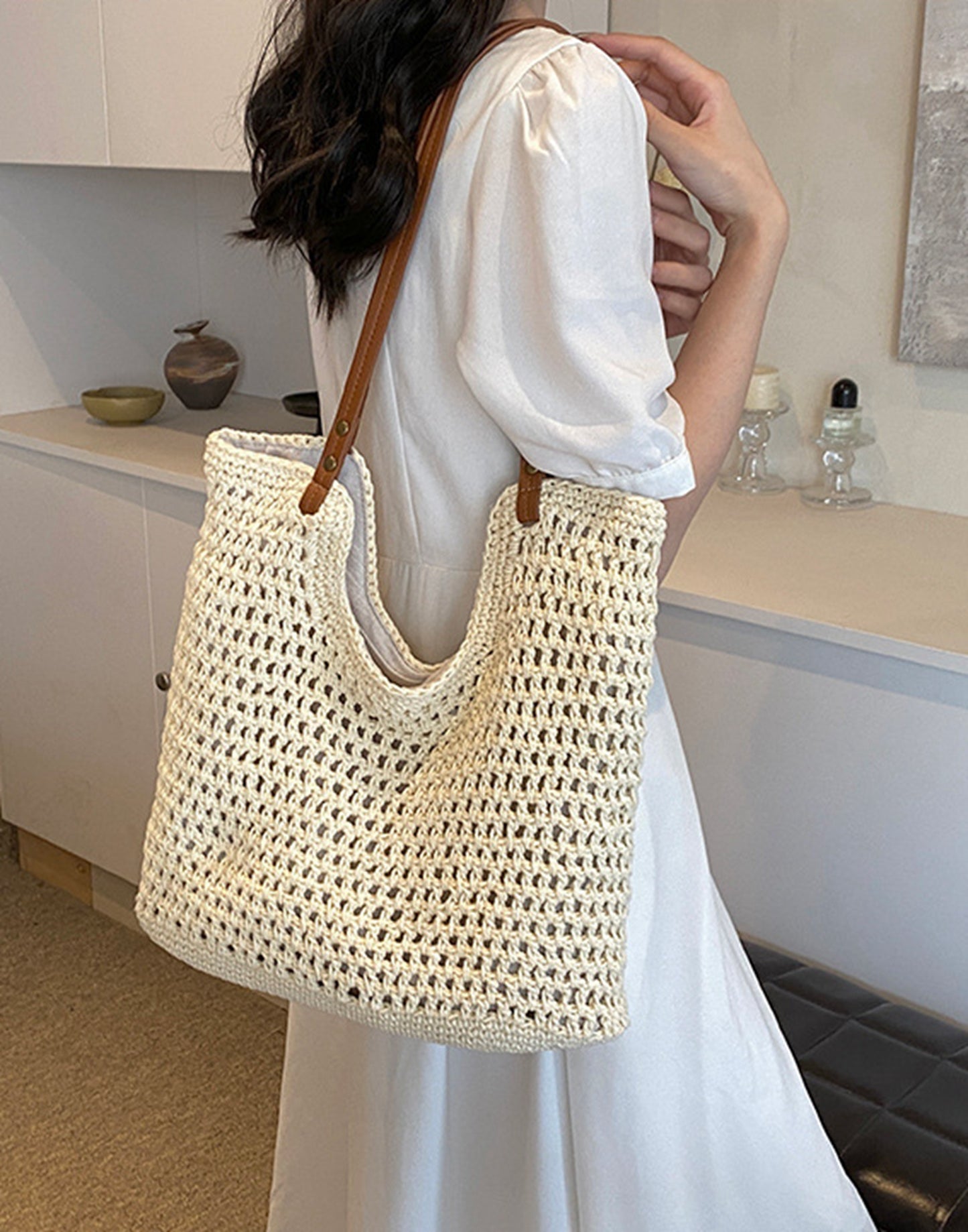 Handmade yarn knitted summer beach tote handbag HB2400023