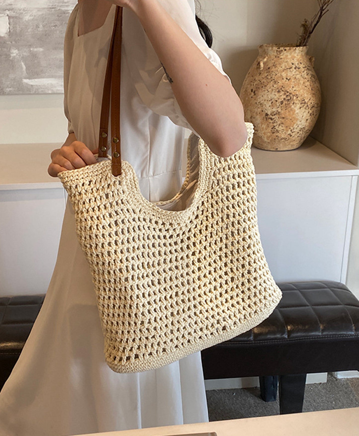 Handmade yarn knitted summer beach tote handbag HB2400023