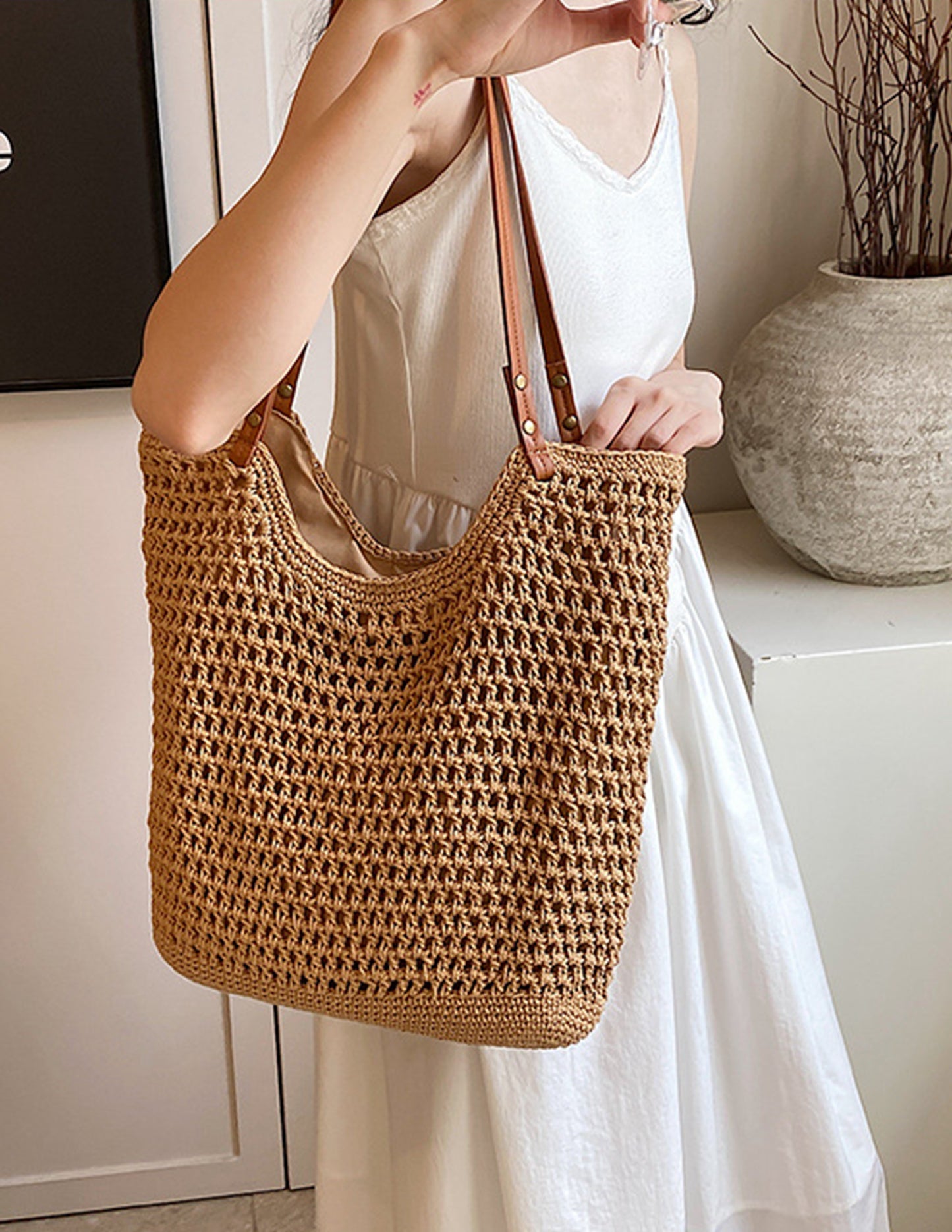 Handmade yarn knitted summer beach tote handbag HB2400023
