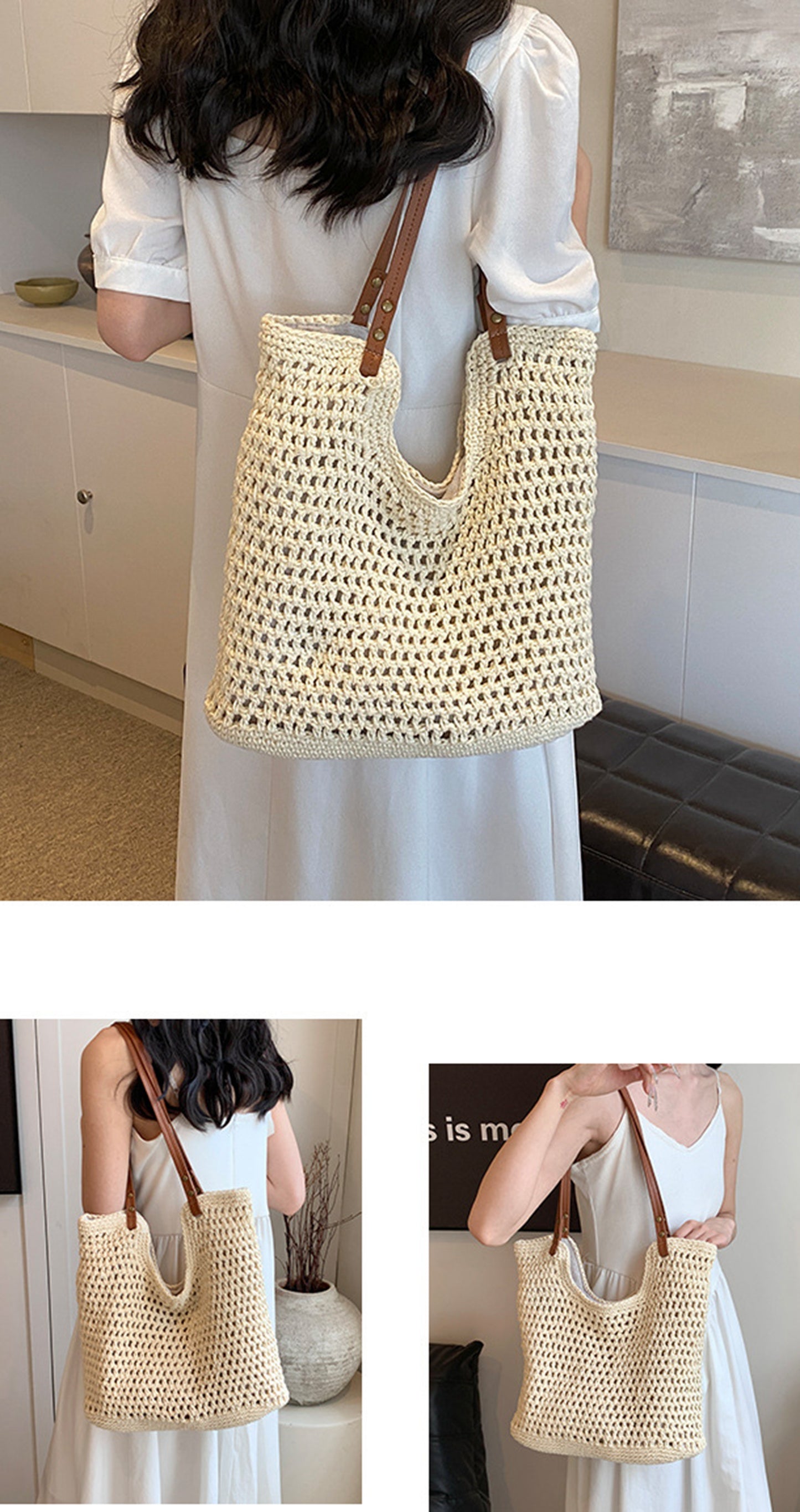 Handmade yarn knitted summer beach tote handbag HB2400023